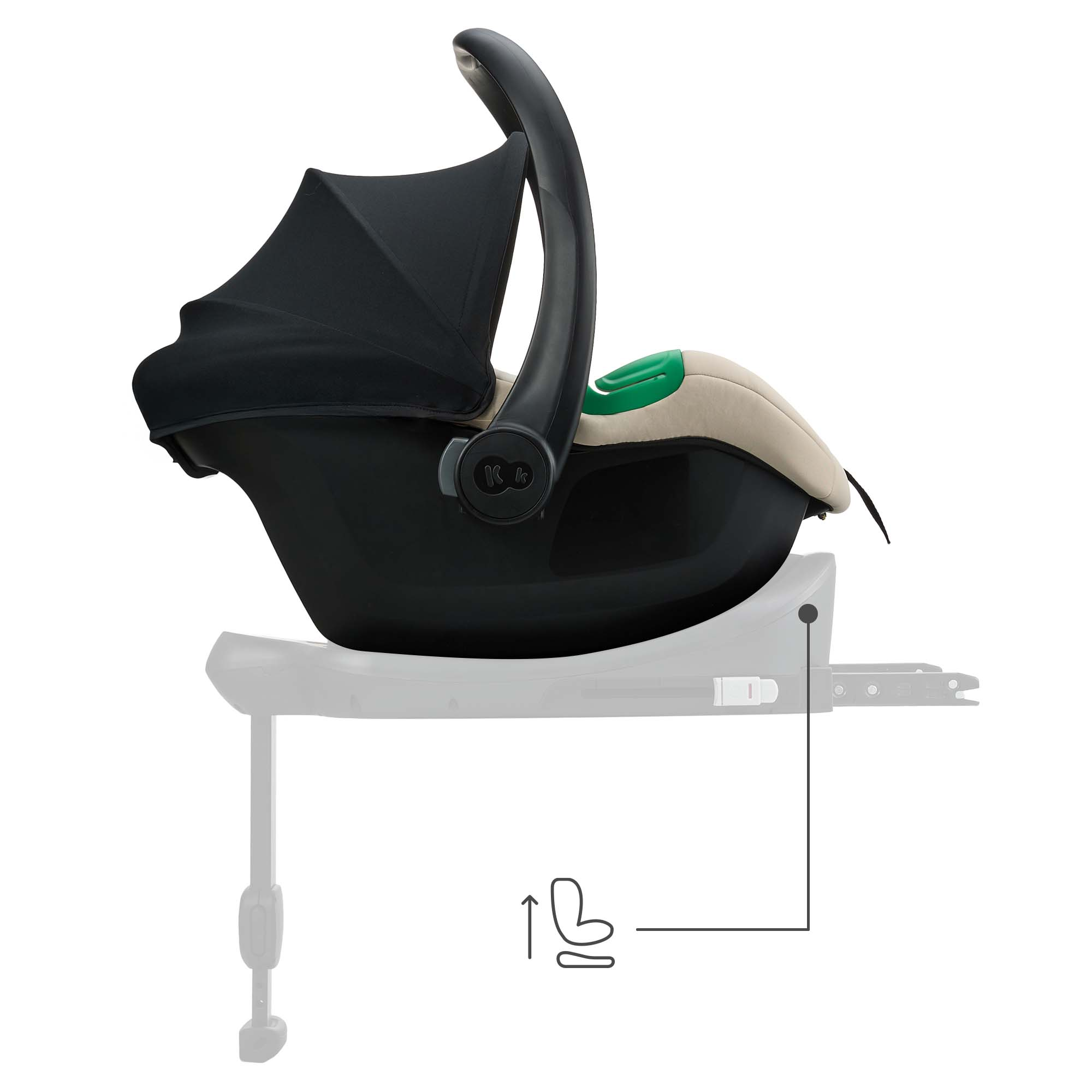Schwarzer Babysitz mit beige Polsterung auf einer grauen Basis, mit Sonnendach.