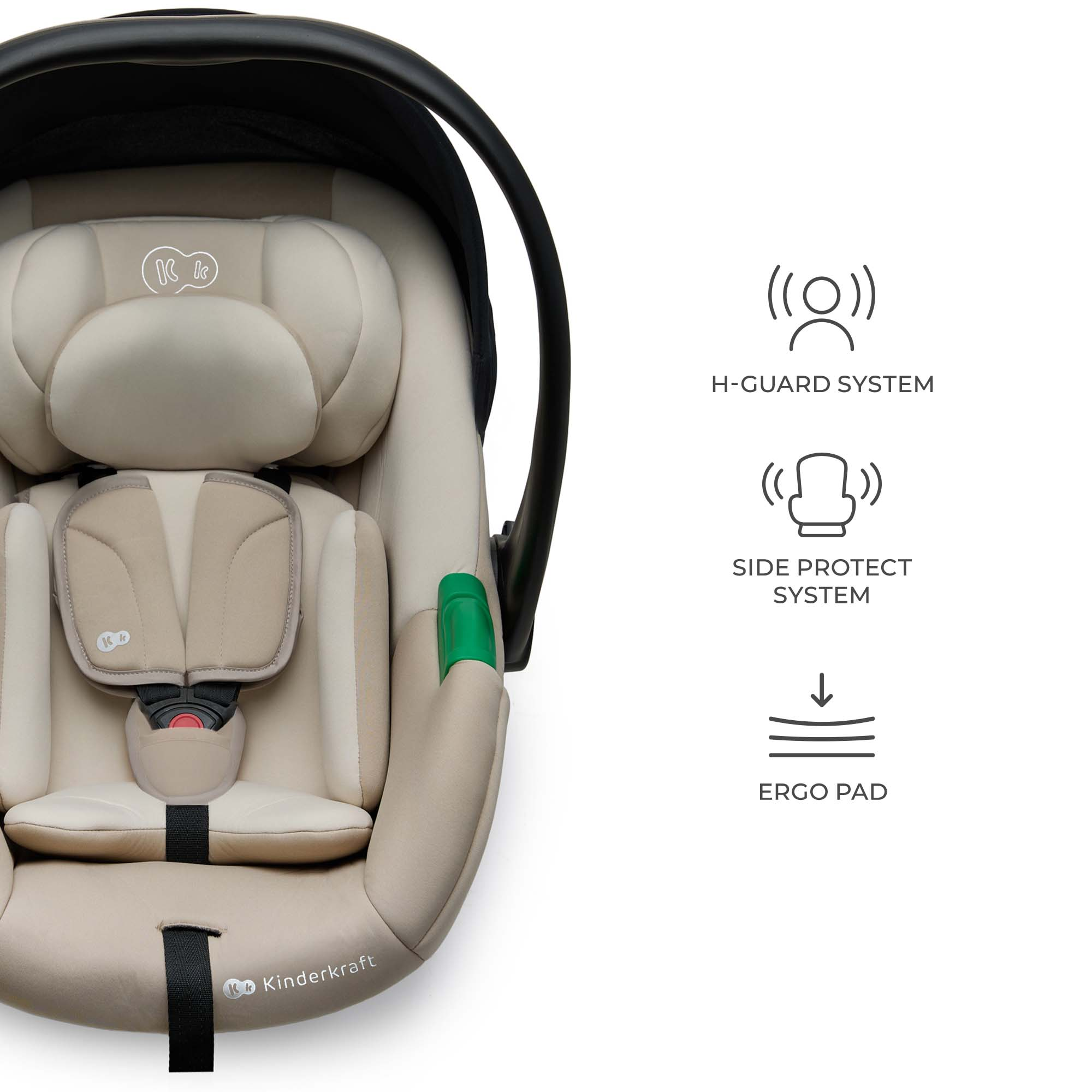 Beige Kindersitz mit Gurt und Logo. Daneben Symbole: H-Guard, Side Protect, Ergo Pad.