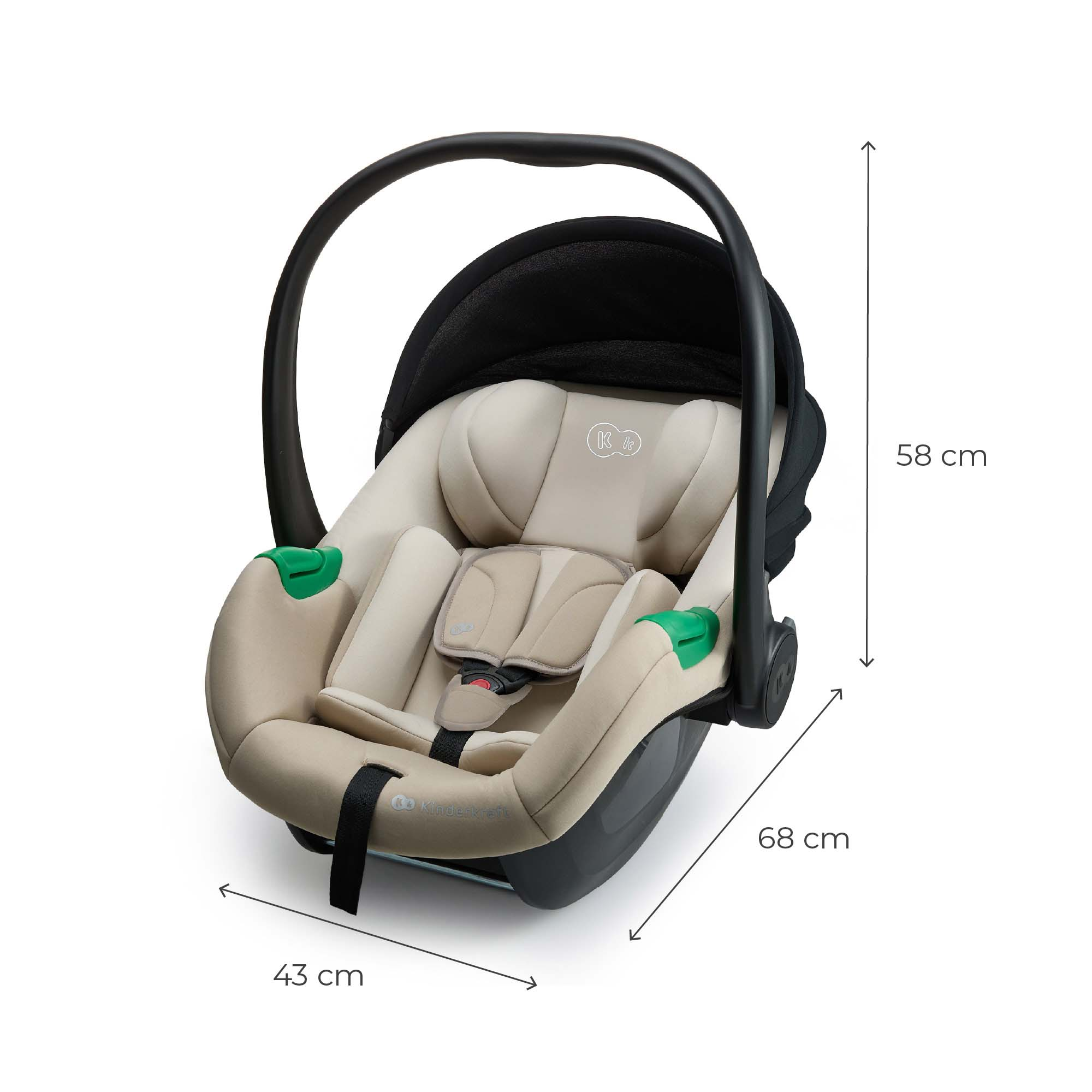 Beige Babyschale mit schwarzem Griff und Haube. Maße 58x68x43cm.