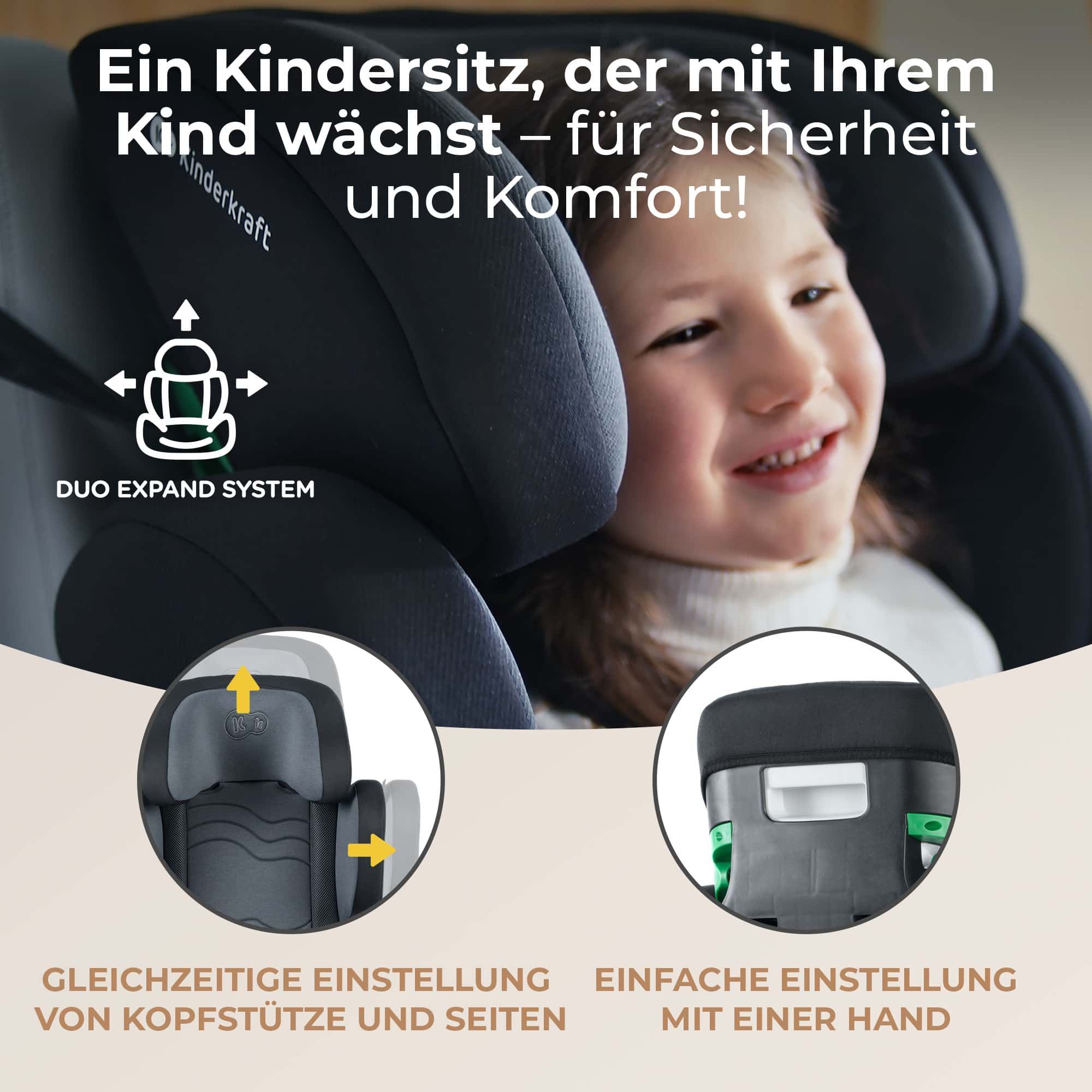 Un niño sonriente se sienta en una silla de auto con "Duo Expand System".