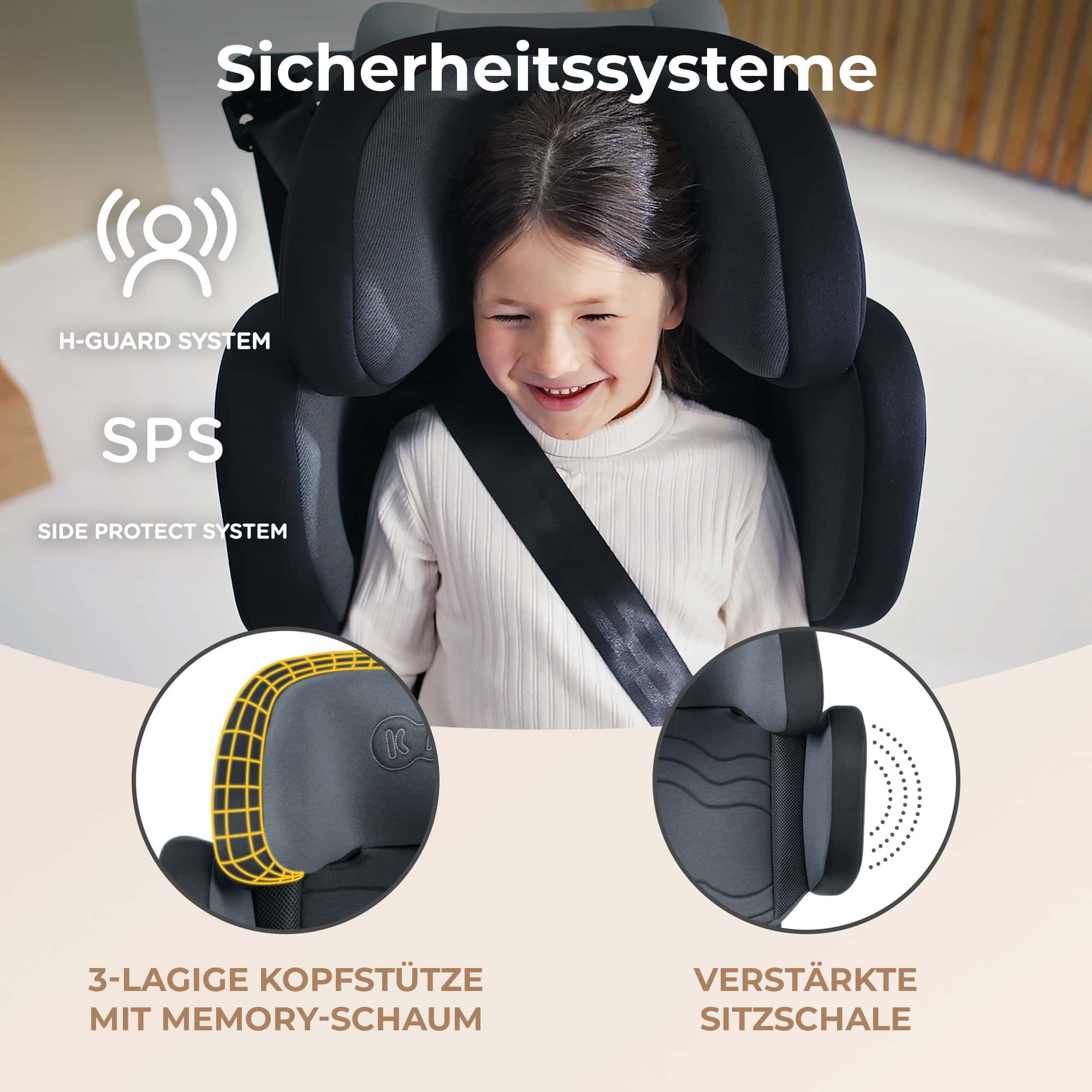 Niña sonríe en silla de coche con sistemas H-Guard, SPS, reposacabezas y carcasa.