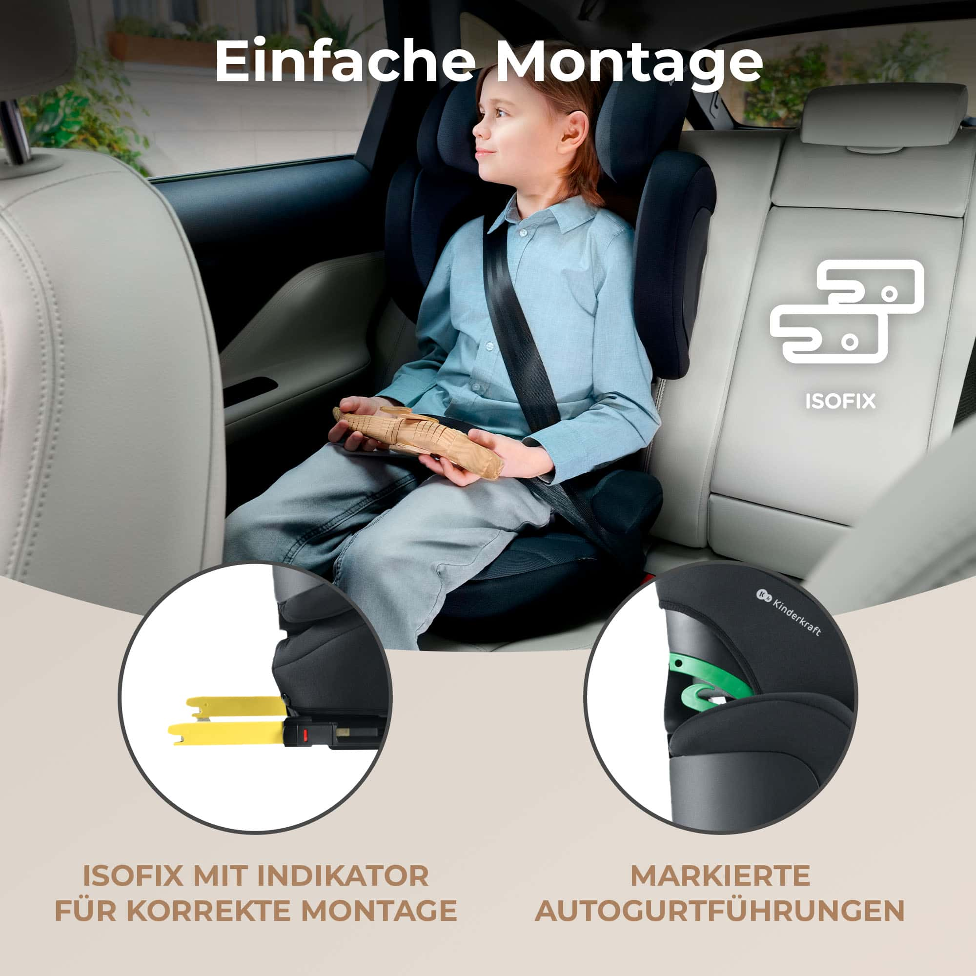 Asiento infantil con niño, símbolo Isofix e instrucciones.