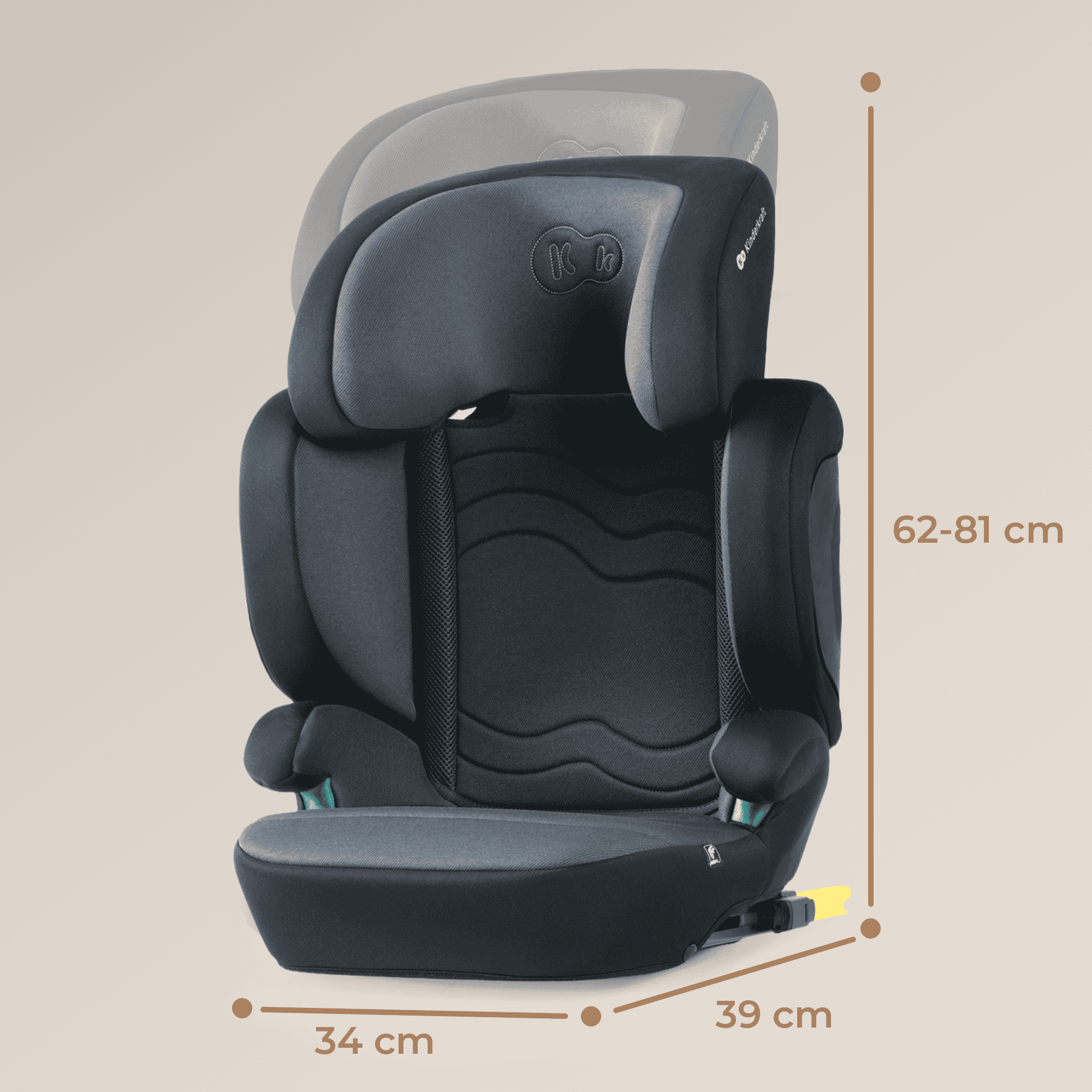 Silla de coche negra con reposacabezas ajustable, 62-81cm alto, 34x39cm ancho.