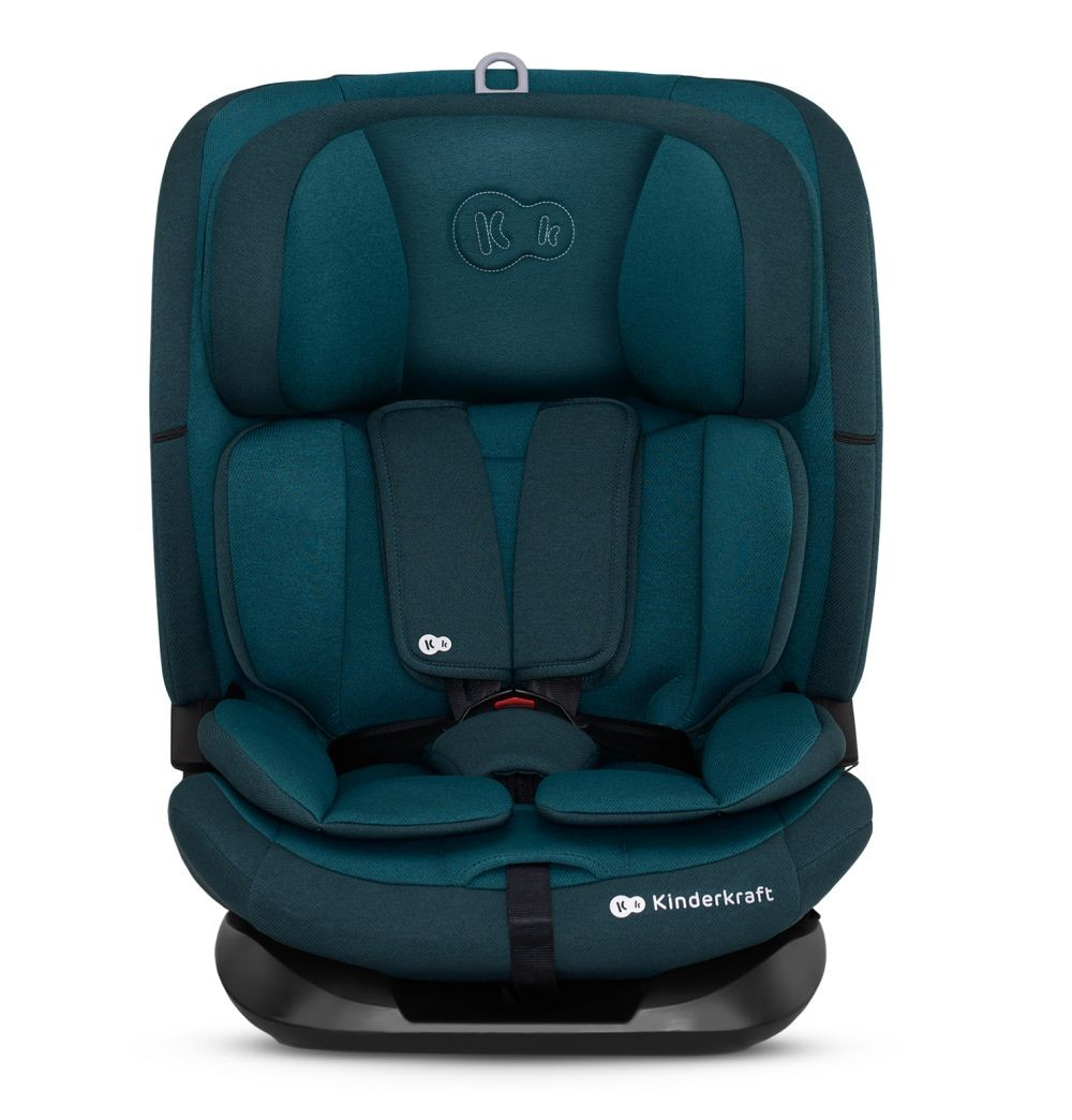 Ein türkisfarbener Kinderkraft Autositz mit verstellbarer Kopfstütze und 5-Punkt-Gurt.