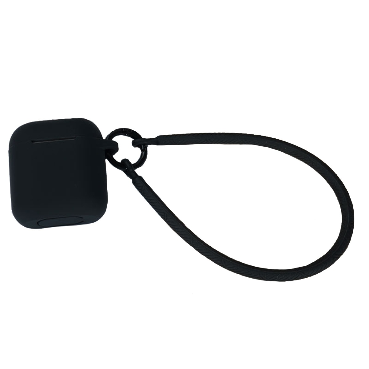Schwarzes Etui mit Lanyard für Kopfhörer, auf weißem Hintergrund.