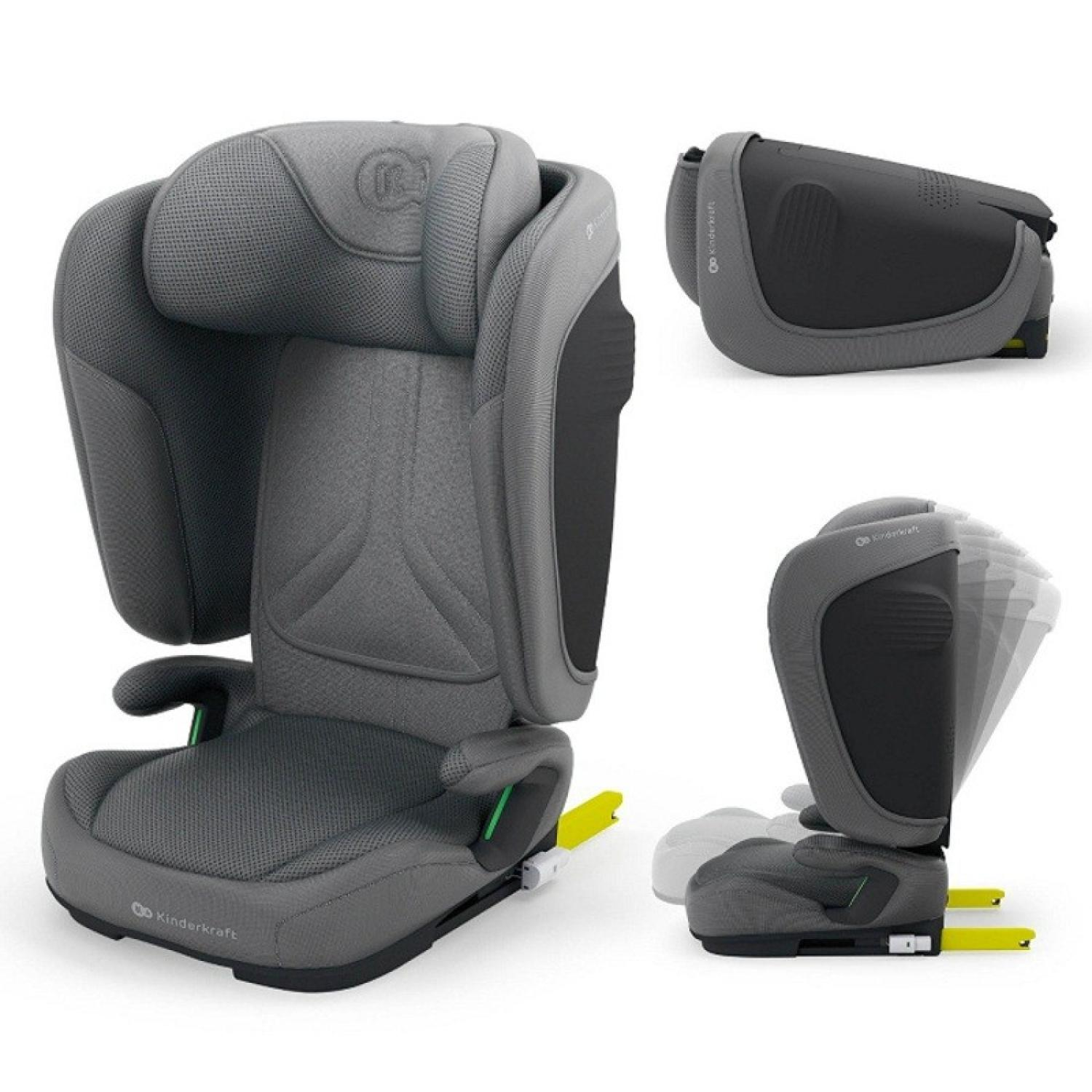 Grauer Kindersitz mit verstellbarer Kopfstütze und ISOFIX-Befestigungen.