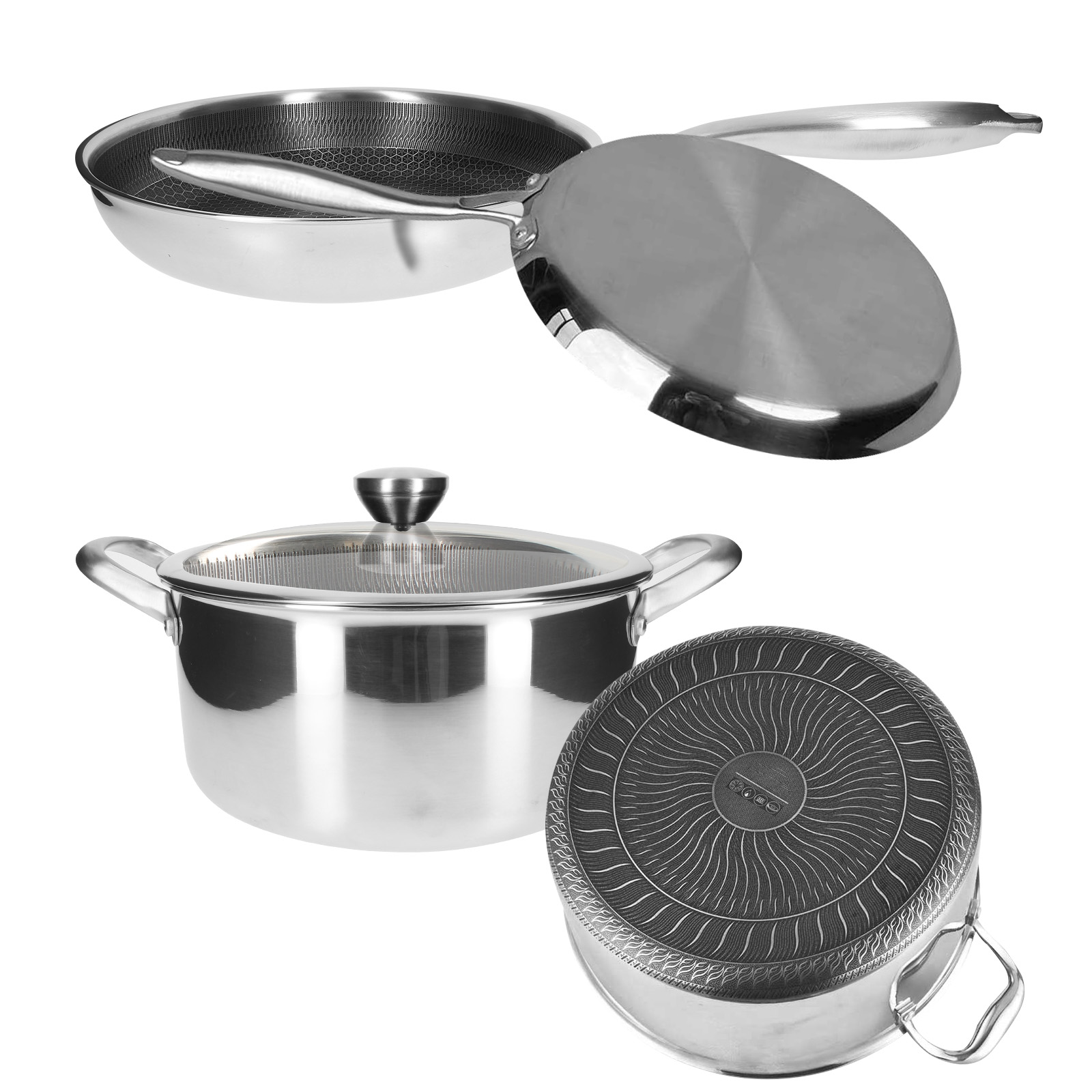 Ollas de acero inoxidable: olla con tapa de cristal y sartén con asa.