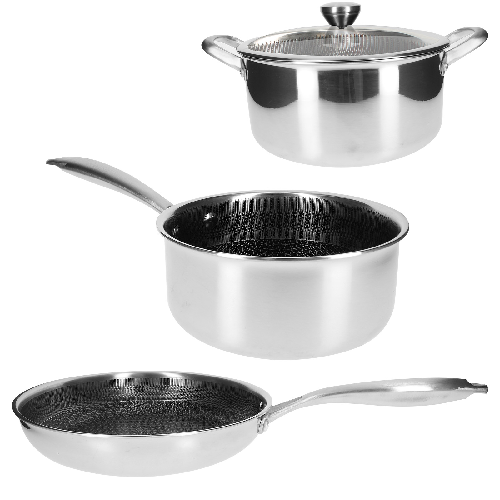 Tres utensilios de cocina de acero inoxidable: olla con tapa, cazo y sartén.