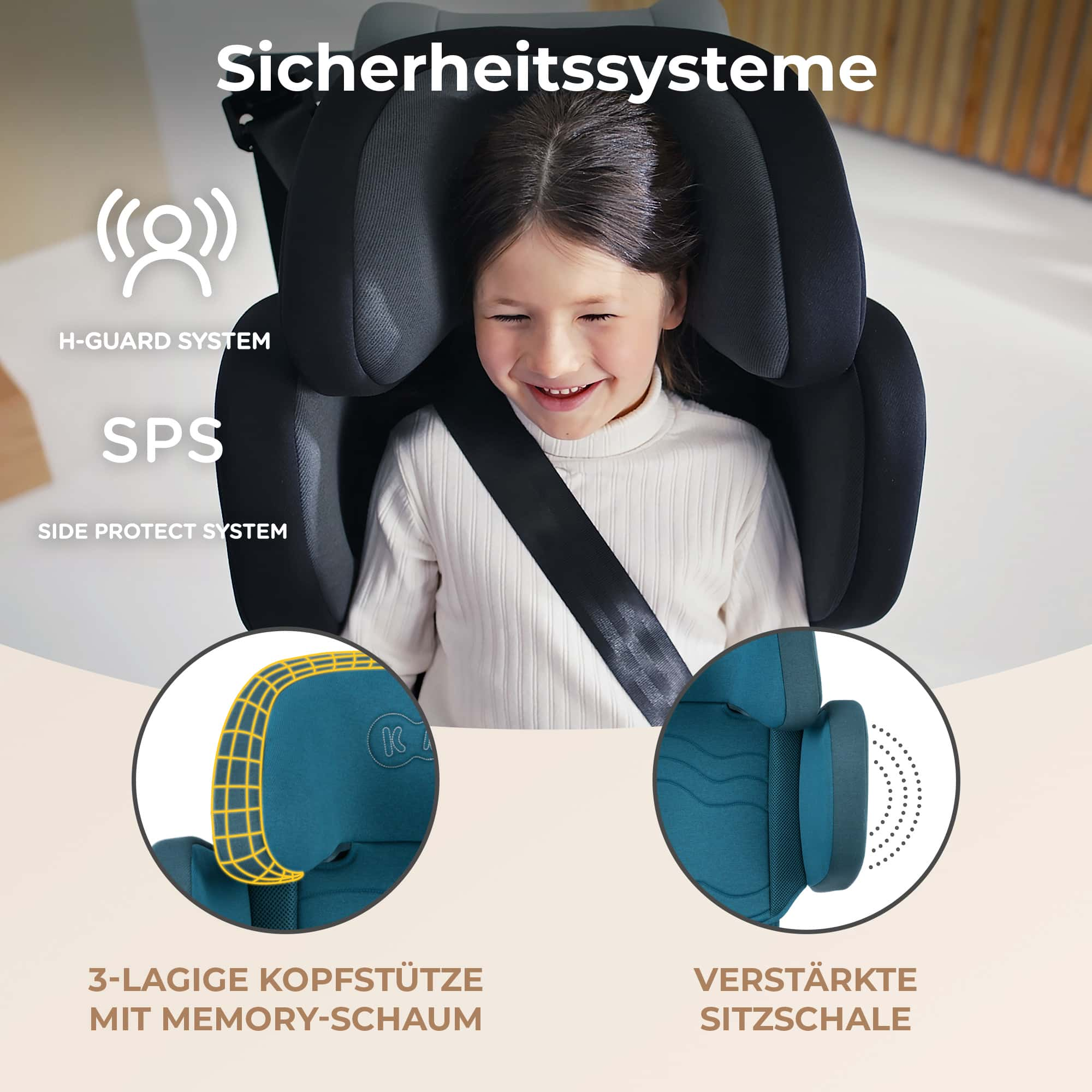 Una niña sonriente se sienta en una silla infantil con sistemas de seguridad.