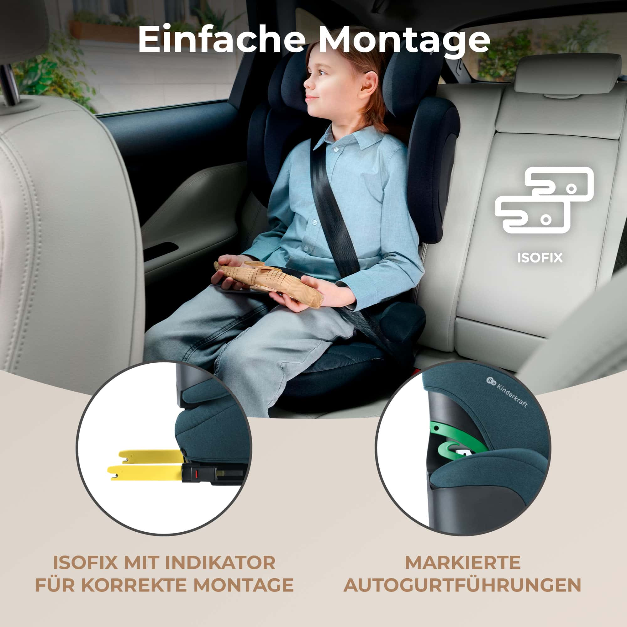 Niño en silla de coche con fijación Isofix y guía de cinturón