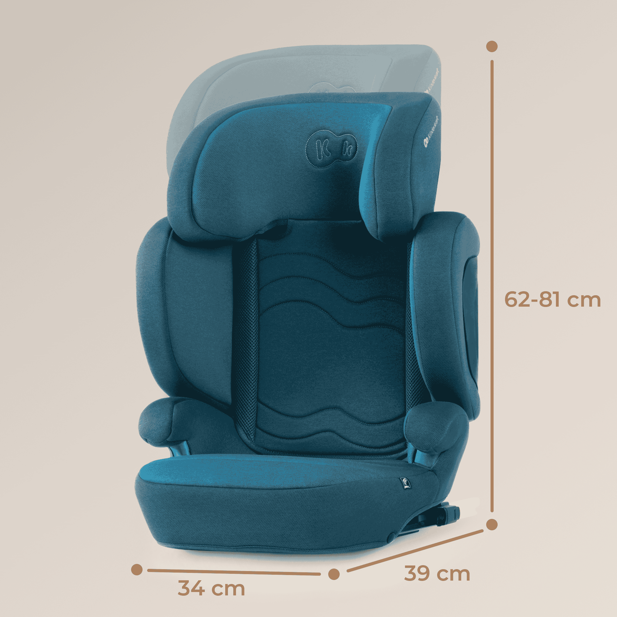 Asiento infantil azul con reposacabezas ajustable y dimensiones.