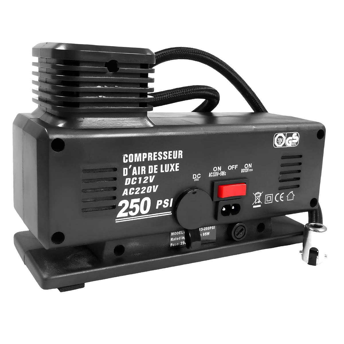 Schwarzer Luftkompressor mit 250 PSI, DC/AC-Betrieb, TUV/GS-Siegel.