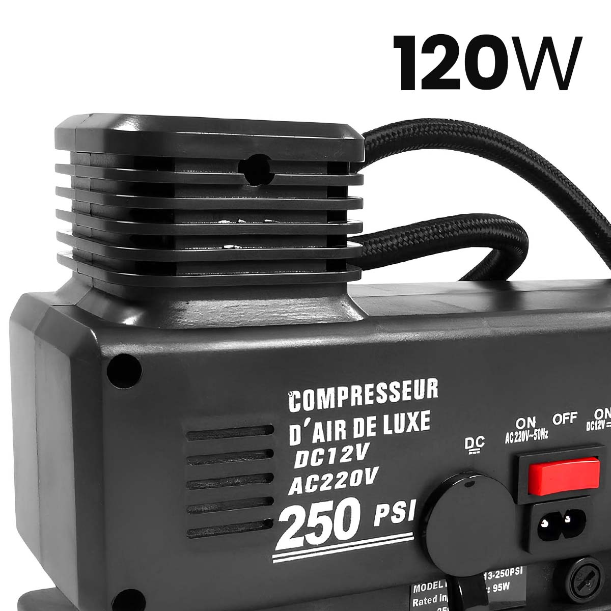 Schwarzer Luftkompressor mit 120W, 250 PSI, DC/AC-Optionen und rotem Ein-/Ausschalter.