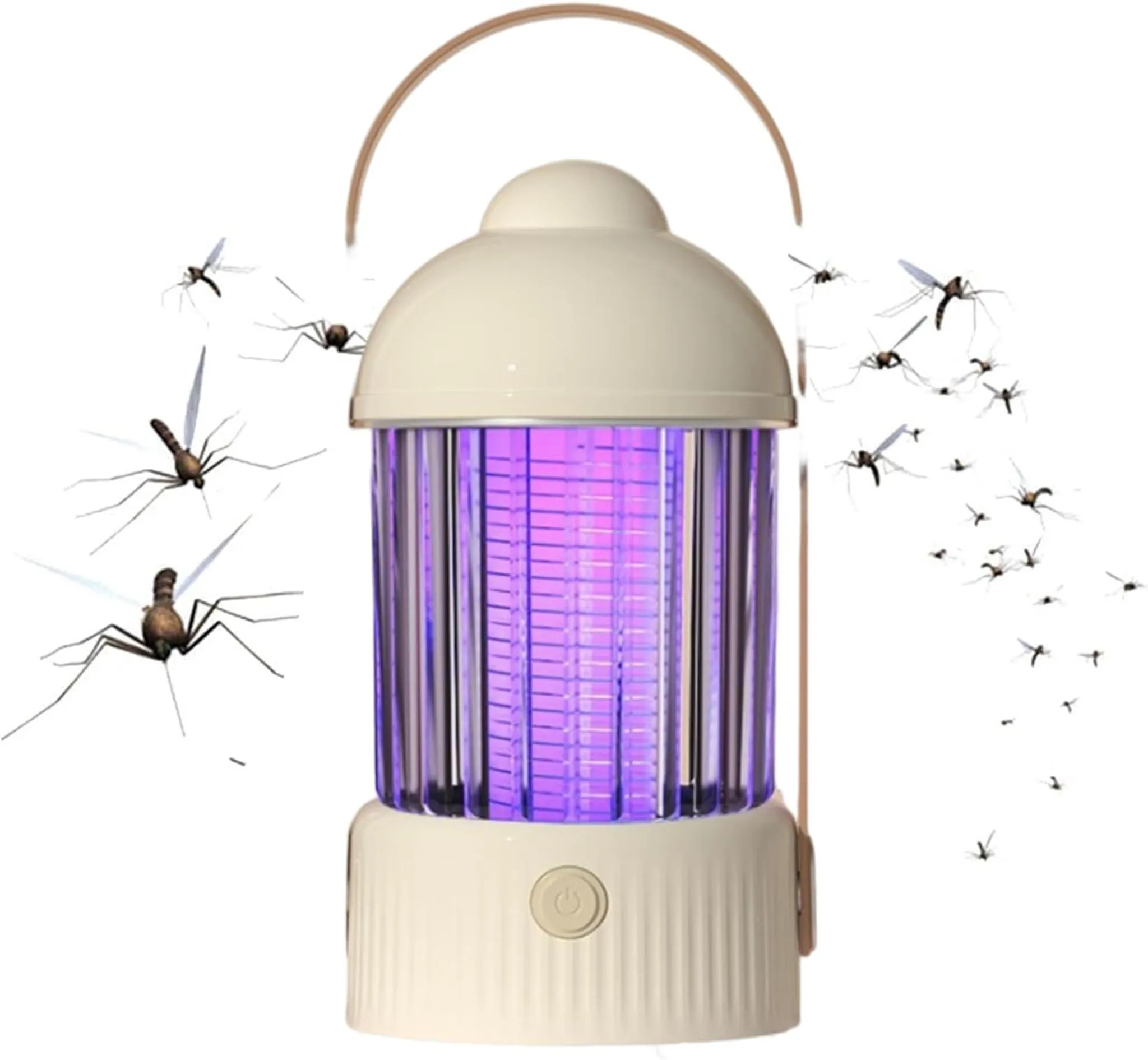 Ein Insektenvernichter mit lila Licht und vielen Mücken drumherum.