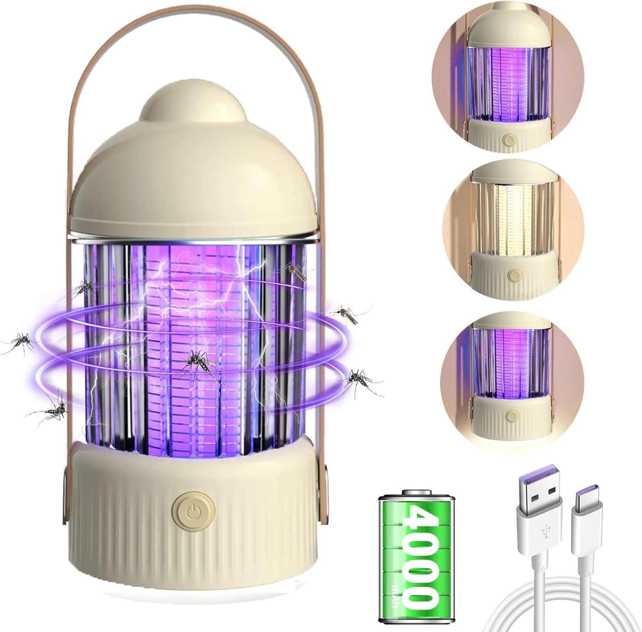 Eine cremefarbene Mückenlampe mit UV-Licht, die Mücken anlockt. Inklusive Akku-Symbol und USB-Kabel.