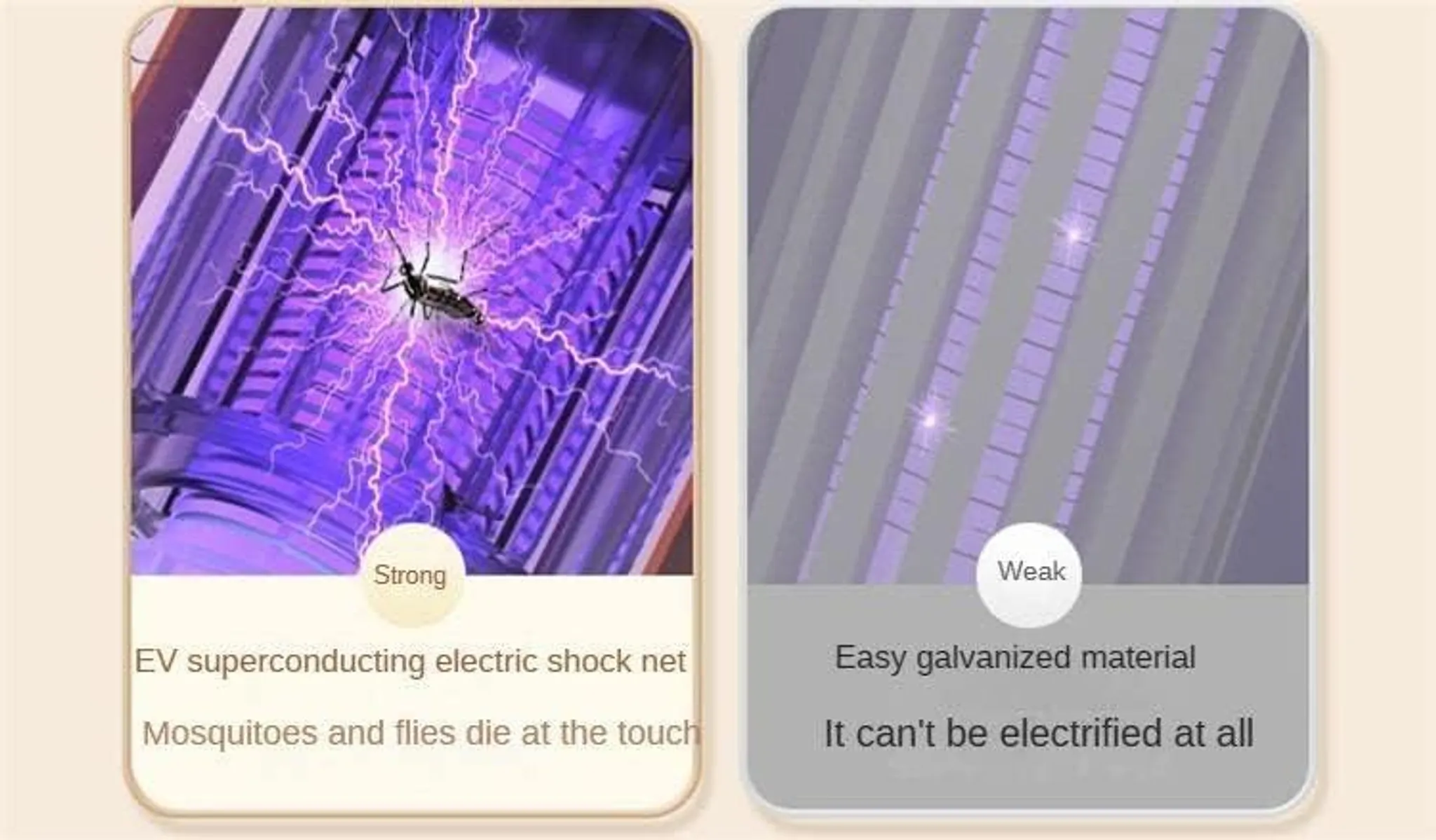Ein Moskito wird von lila Blitzen auf einem elektrischen Netz getroffen. Daneben ist ein schwaches Netz.