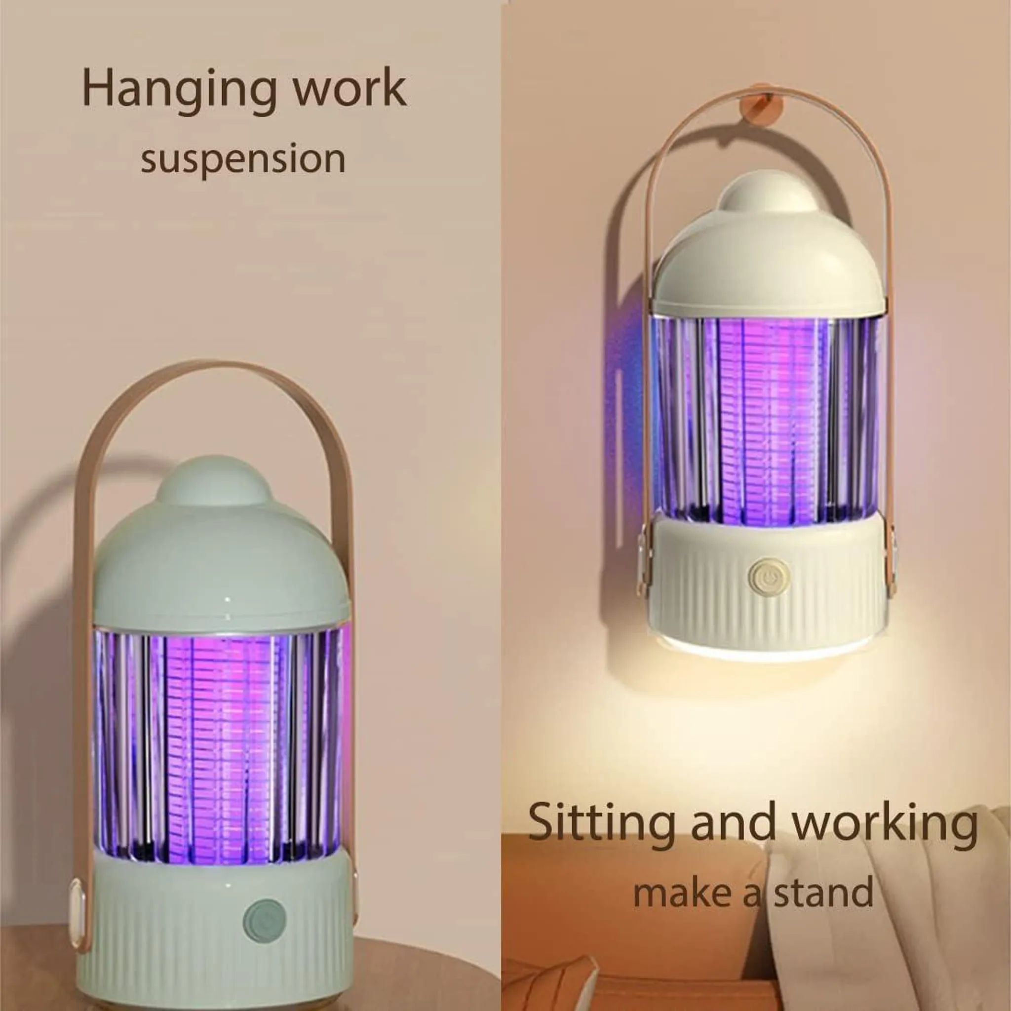 Ein weißer Moskitolampen-Anhänger mit lila Licht hängt.