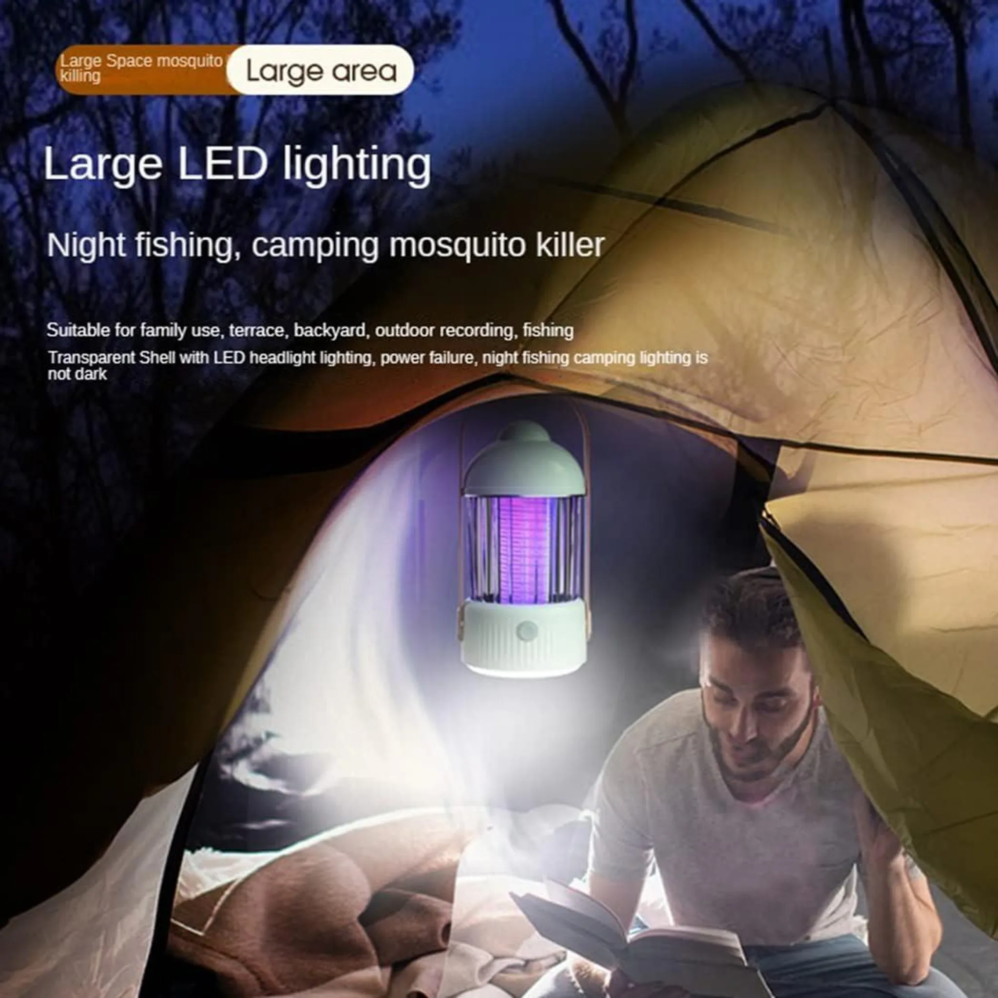 Eine Mückenlampe leuchtet in einem Zelt, ein Mann liest.