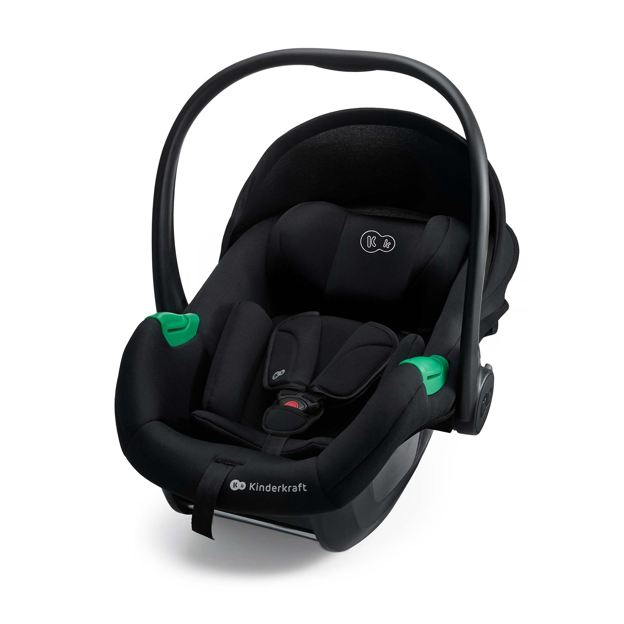 Schwarze Babyschale mit Tragegriff und grünen Akzenten.