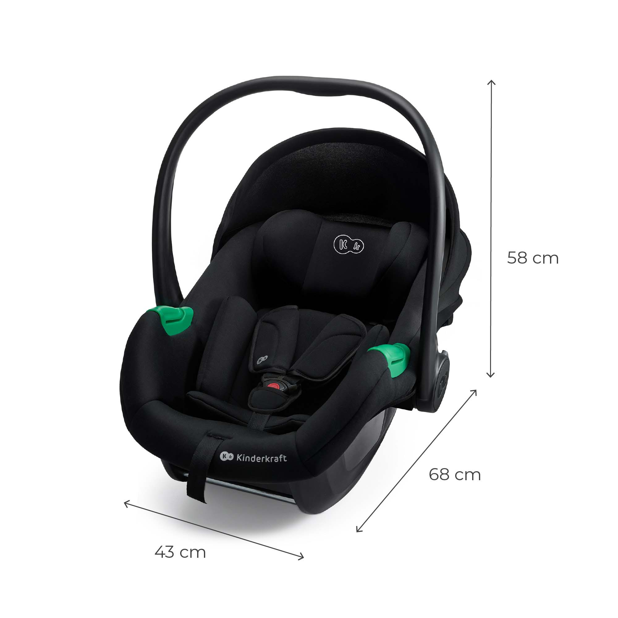 Schwarze Babyschale mit Griff und grünen Akzenten. Maße: 43x58x68 cm.