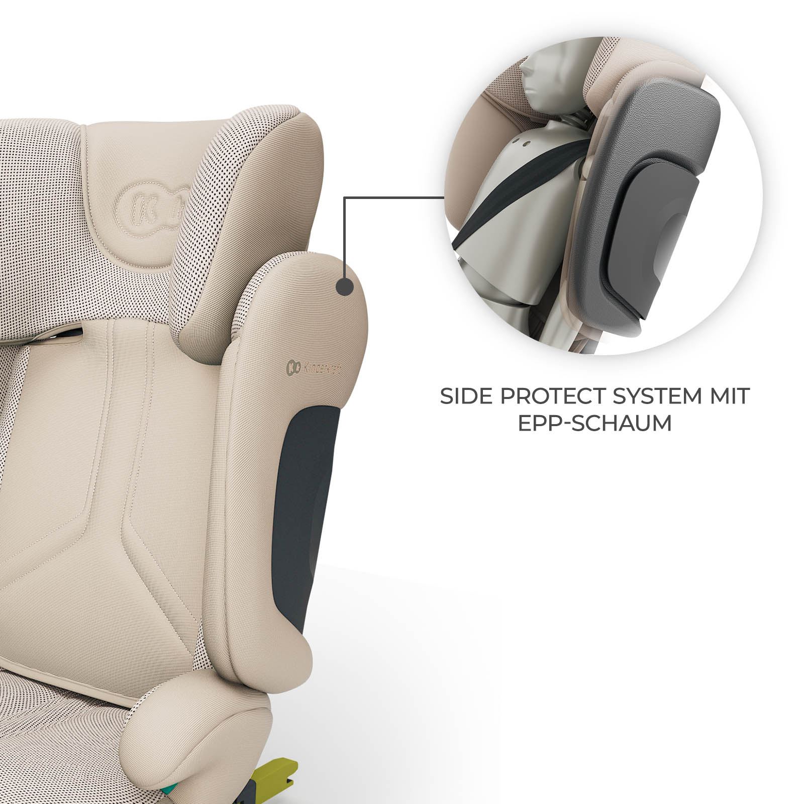 Beige Kindersitz mit Seitenaufprallschutz und EPP-Schaum im Detail.
