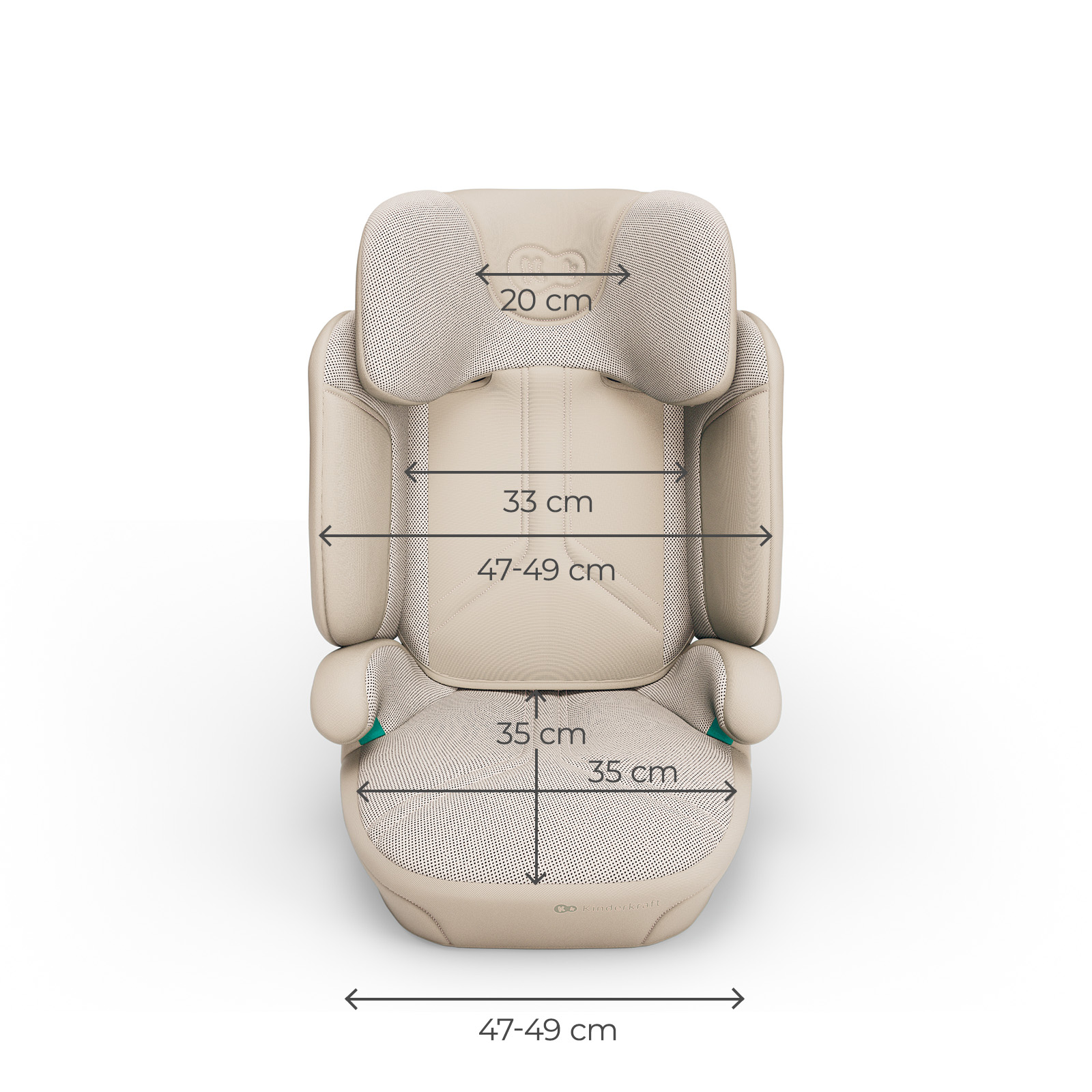Beiger Kindersitz mit Maßen: 20 cm Kopfstütze, 33 cm Breite, 47-49 cm Höhe, 35 cm Sitzbreite.