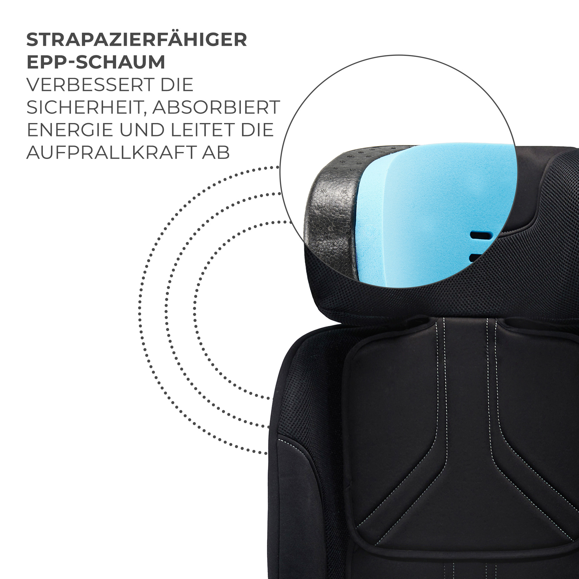Ein schwarzer Autositz mit Detailansicht des blauen EPP-Schaums.