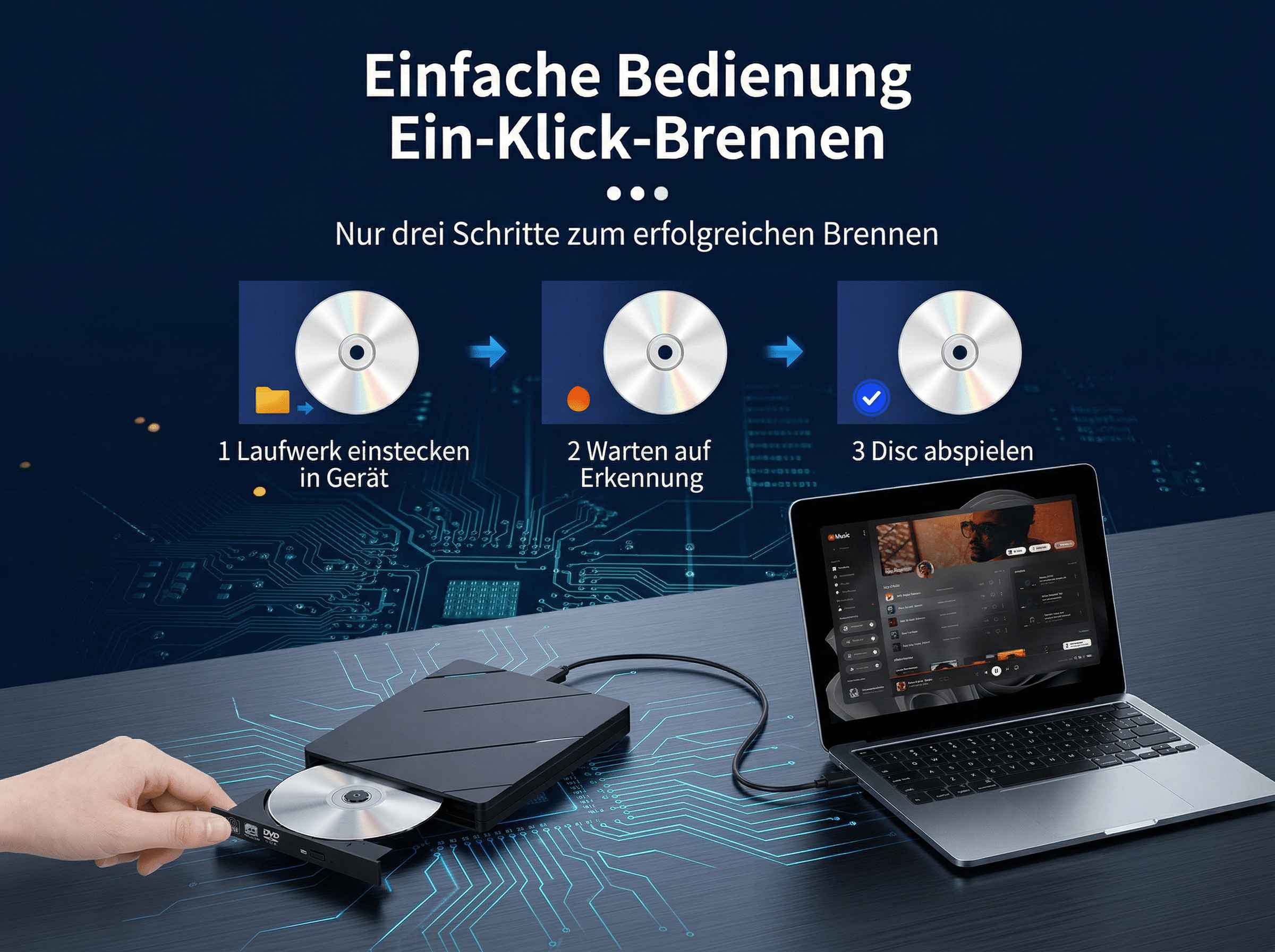 Schwarzer externer DVD-Brenner mit Laptop und drei Schritten zum Brennen.
