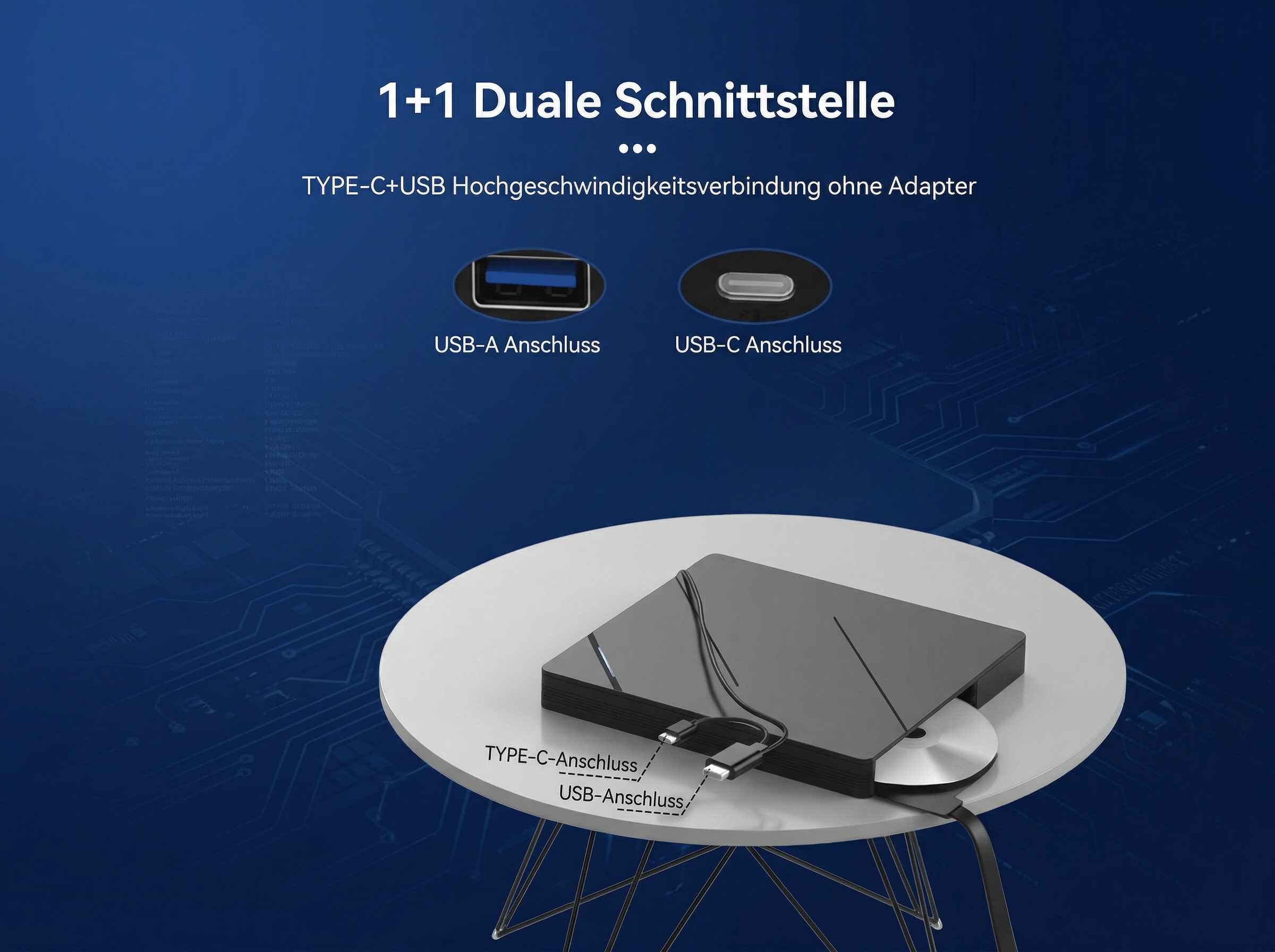 Ein schwarzes Gerät mit USB-A und USB-C Anschlüssen auf einem Tisch.