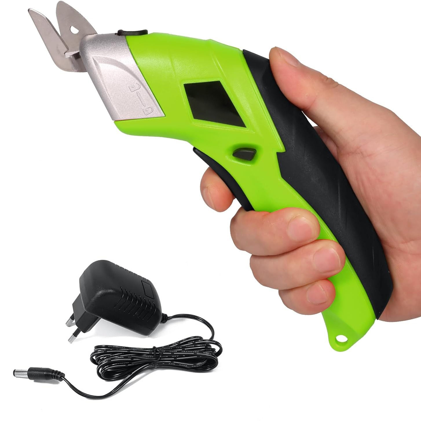 Grüne elektrische Schere mit Ladekabel und Stecker.