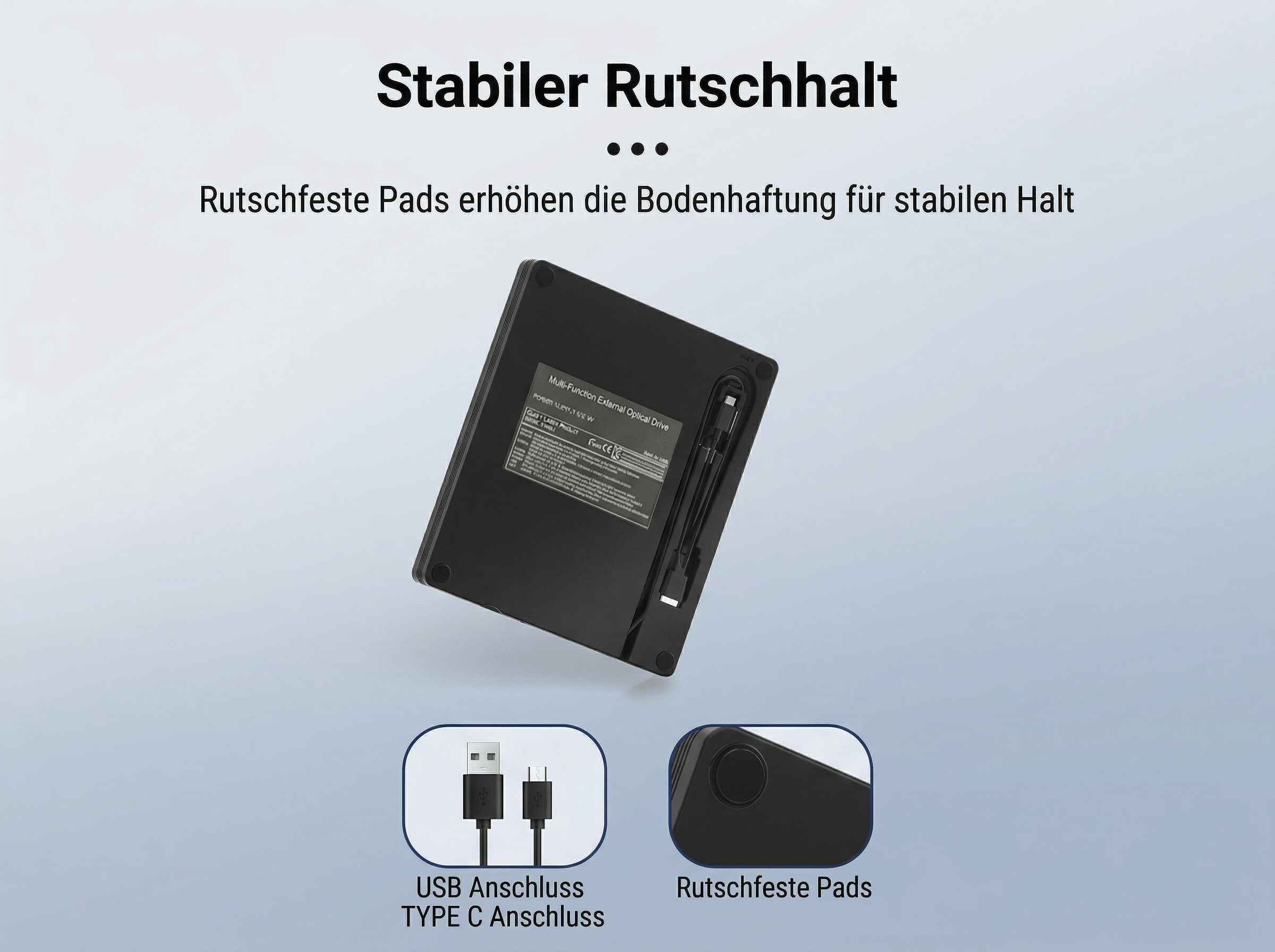 Schwarzes optisches Laufwerk mit USB-C und rutschfesten Pads.