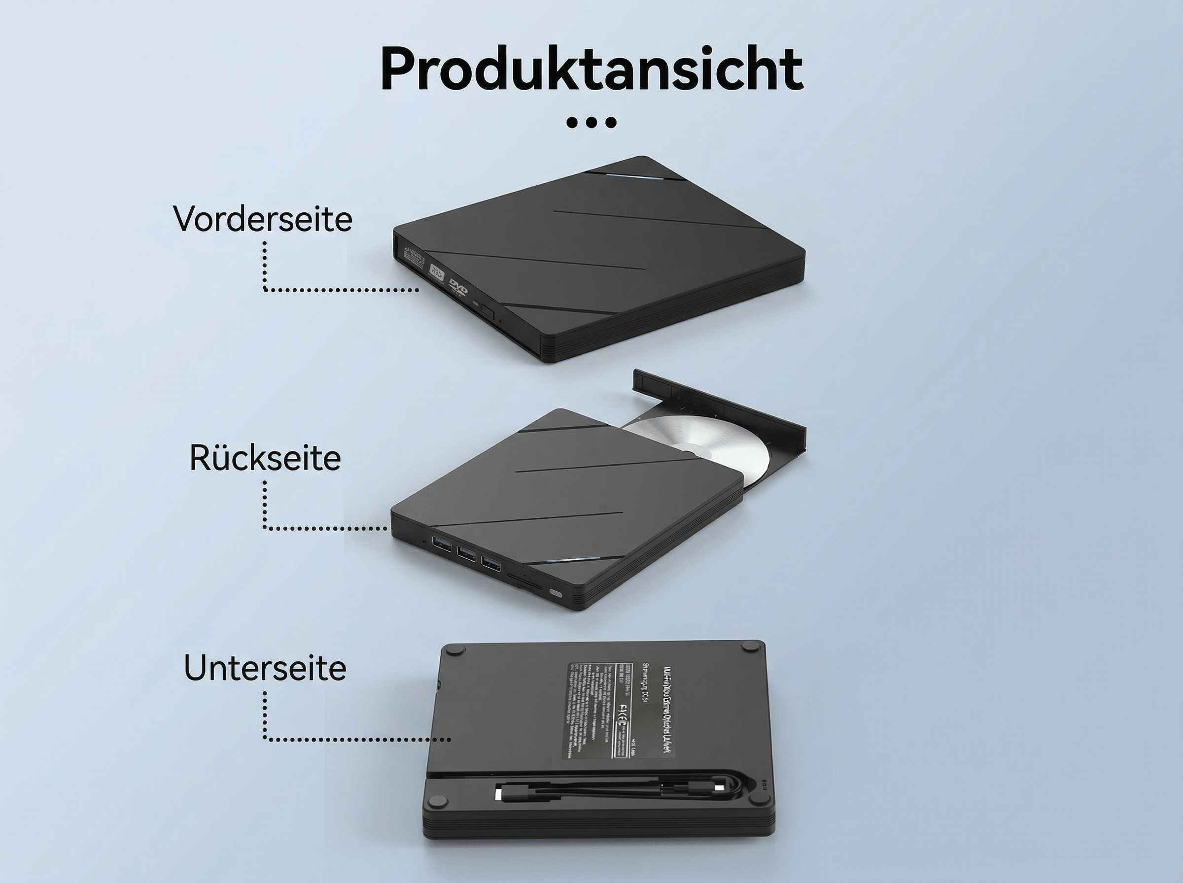 Schwarzes externes CD/DVD-Laufwerk zeigt Vorder-, Rück- und Unterseite.