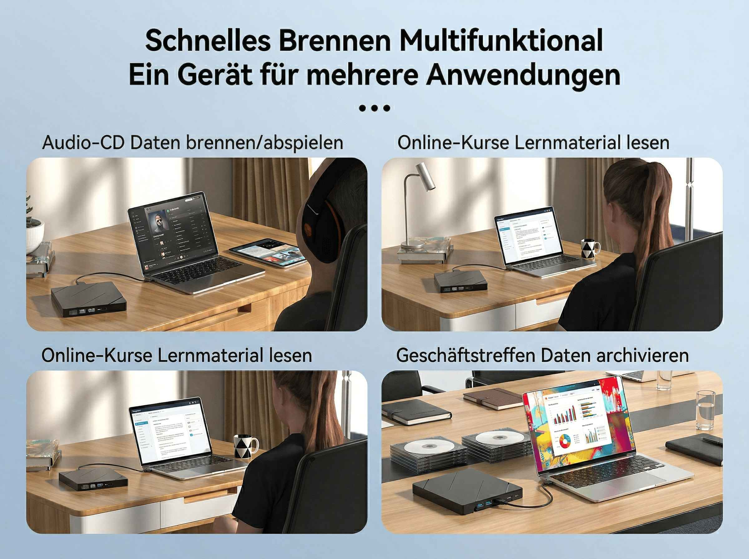 Vier Szenen zeigen einen externen Brenner/Player, Laptops und CDs auf Schreibtischen.