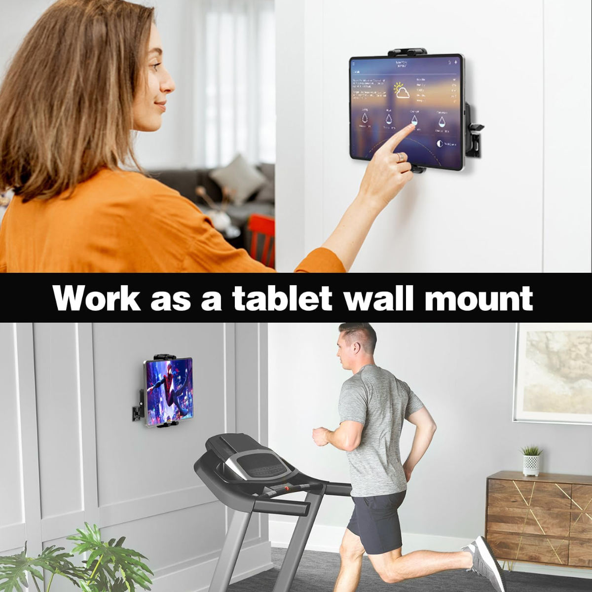 Frau tippt auf Tablet, Mann läuft auf Laufband. Montagehalterung für Tablets.