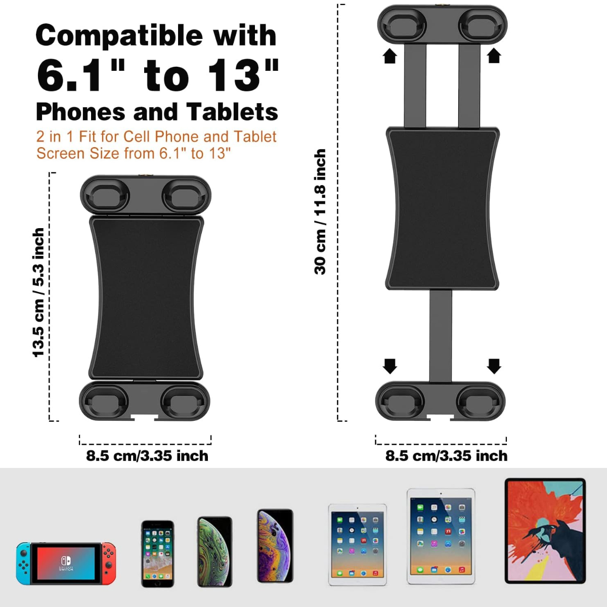 Schwarze Handy-/Tablet-Halterungen mit Maßen und kompatiblen Geräten.