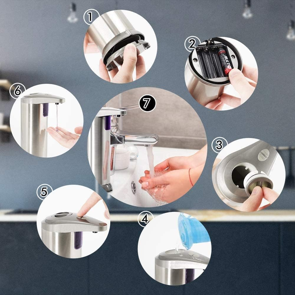 Anleitung: Seifenspender öffnen, Batterien einlegen, Deckel schließen, nachfüllen, Knopf drücken, Hand auflegen, Hände waschen.