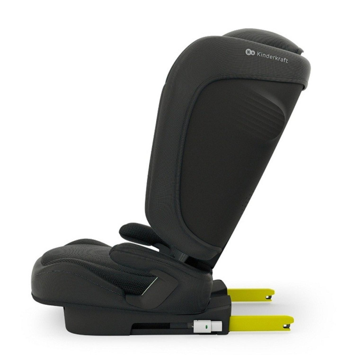Schwarzer Kindersitz mit gelben ISOFIX-Haken, seitliche Ansicht.