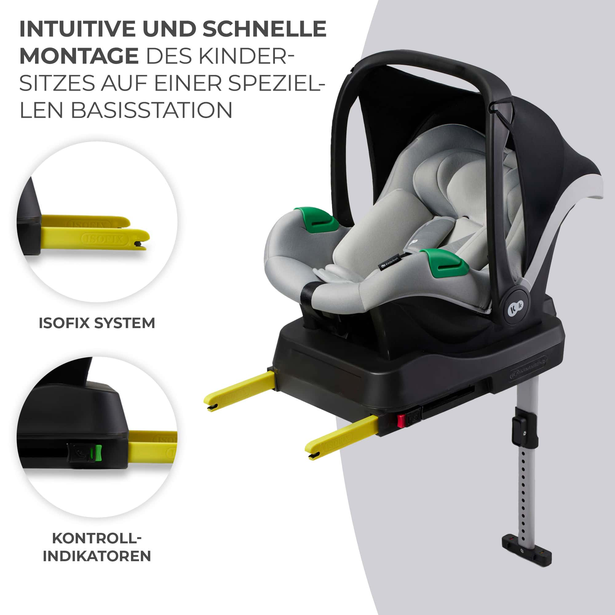 Ein Kindersitz mit ISOfix-Basisstation in Grau und Schwarz mit gelben Haltearmen.