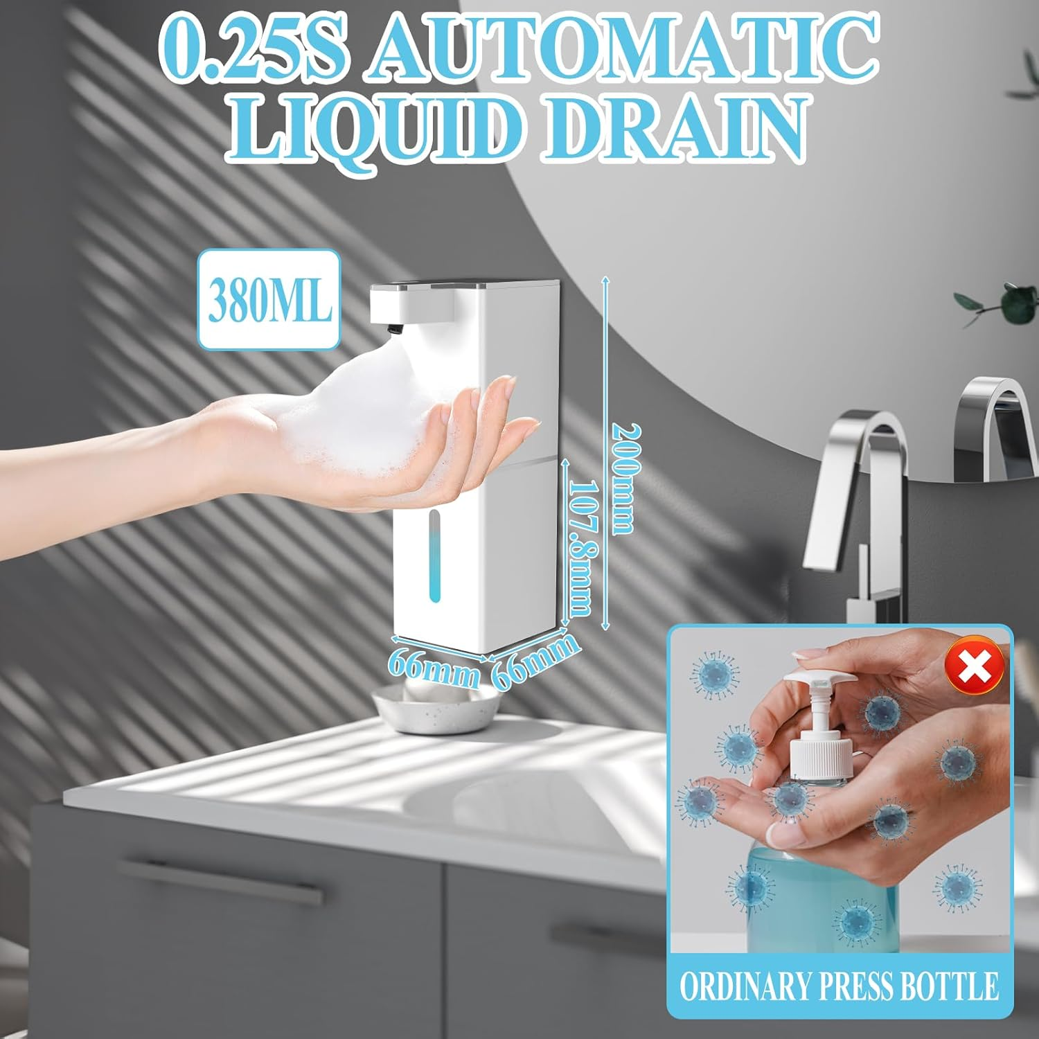 Automatischer Seifenspender mit Schaum für die Hand. Maße angegeben.
