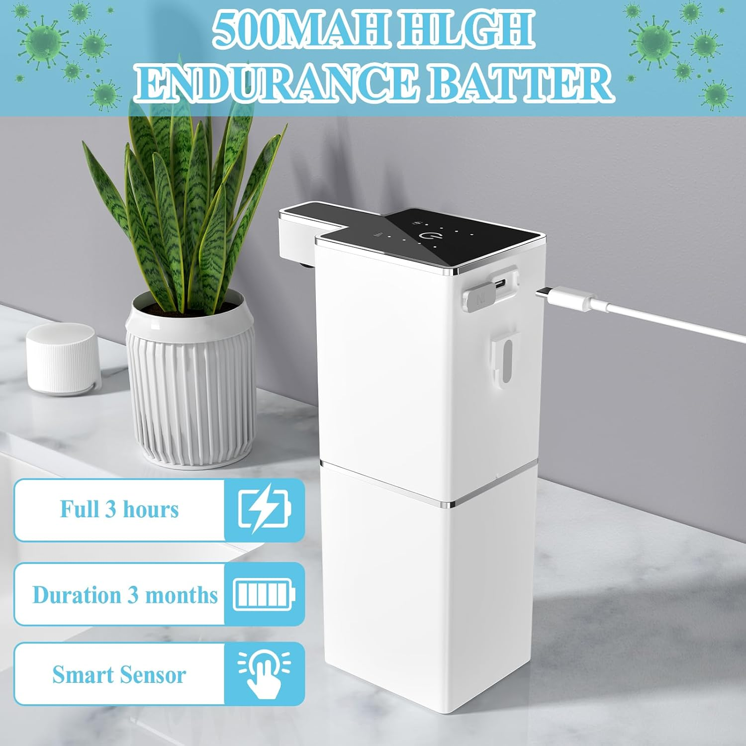 Ein weißer Dispenser mit einem Ladekabel, daneben eine Pflanze im Topf.