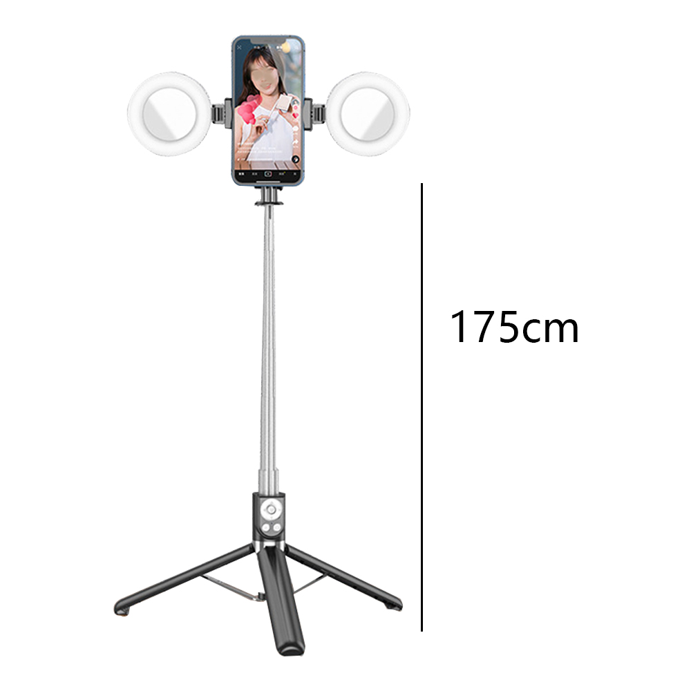 Ein Stativ mit einem Handy und zwei Ringleuchten, 175cm hoch.