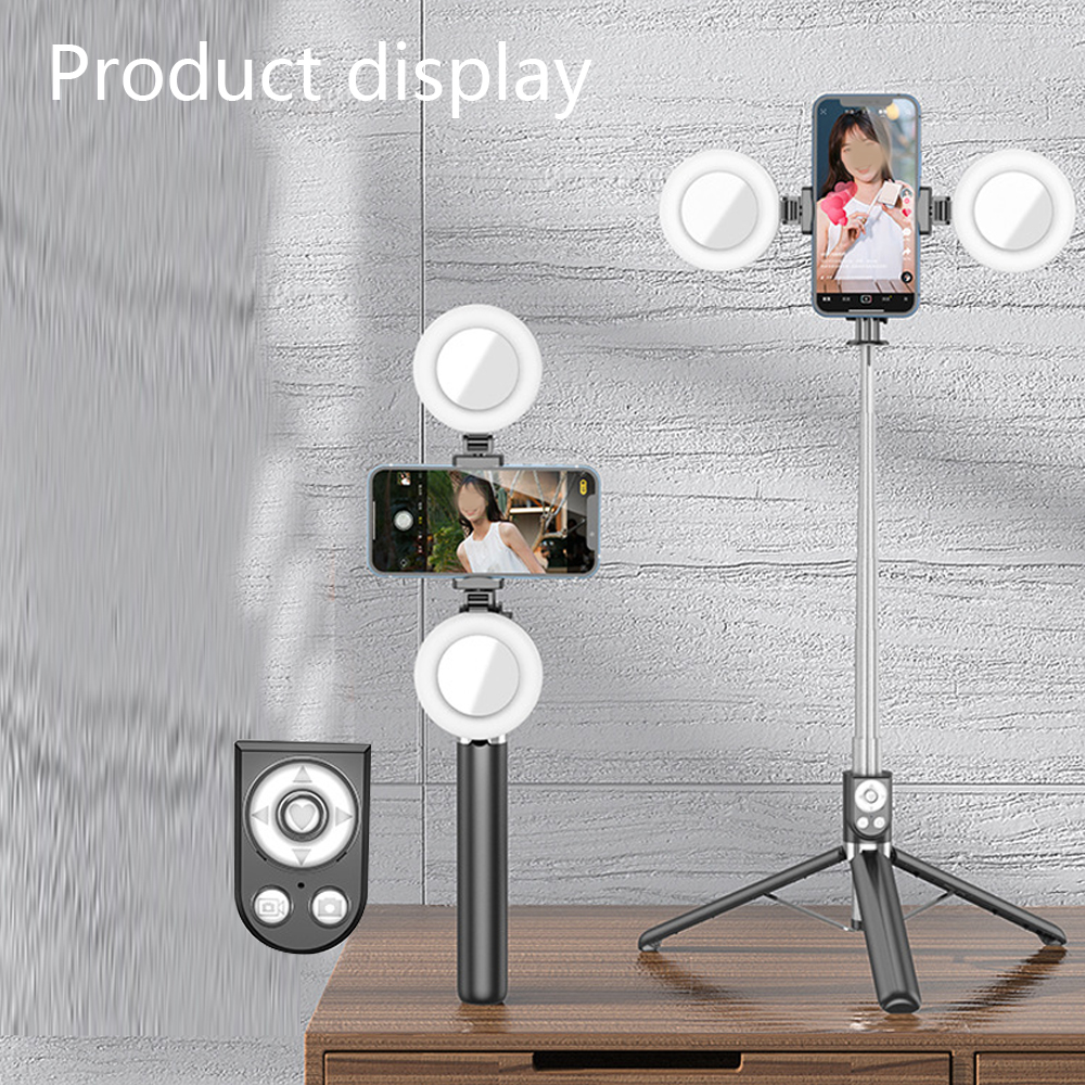 Ein Selfie-Stick mit drei Ringen und zwei Telefonen, mit Fernbedienung.