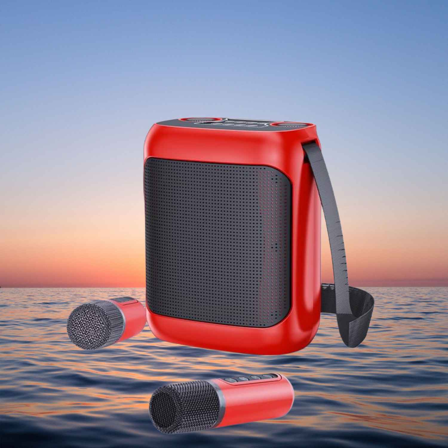 Roter Lautsprecher mit zwei Mikrofonen auf dem Wasser bei Sonnenuntergang.