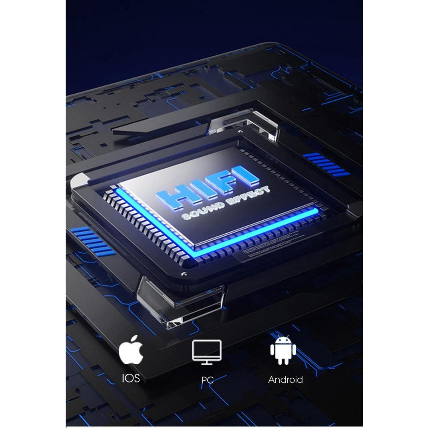 Abstrakte blaue und schwarze Technologie-Grafik mit HiFi-Soundeffekt-Chip.