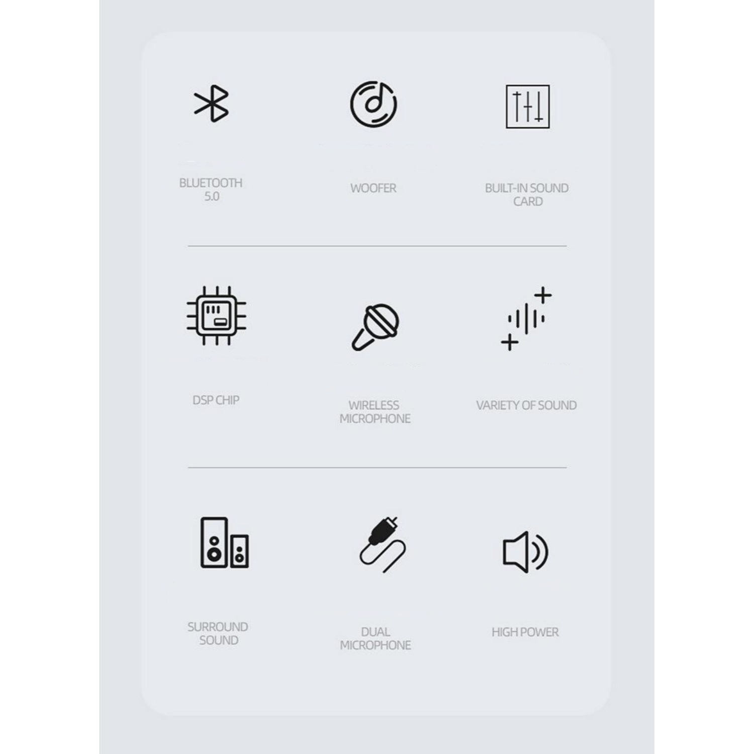 Symbole für Bluetooth, Woofer, Soundkarte, DSP-Chip, Mikrofon, Klangvielfalt, Surround Sound, Mikrofon, Leistung.
