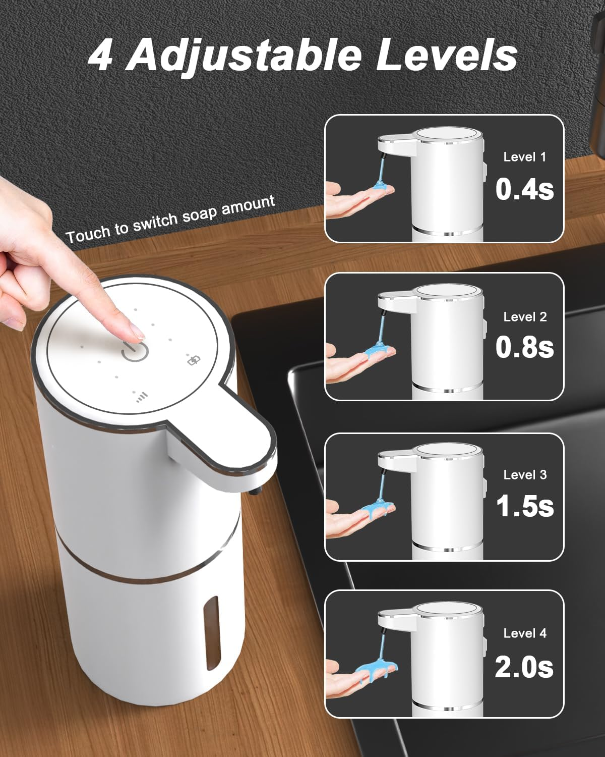 Automatischer Seifenspender mit 4 Stufen, die durch Berührung gesteuert werden.