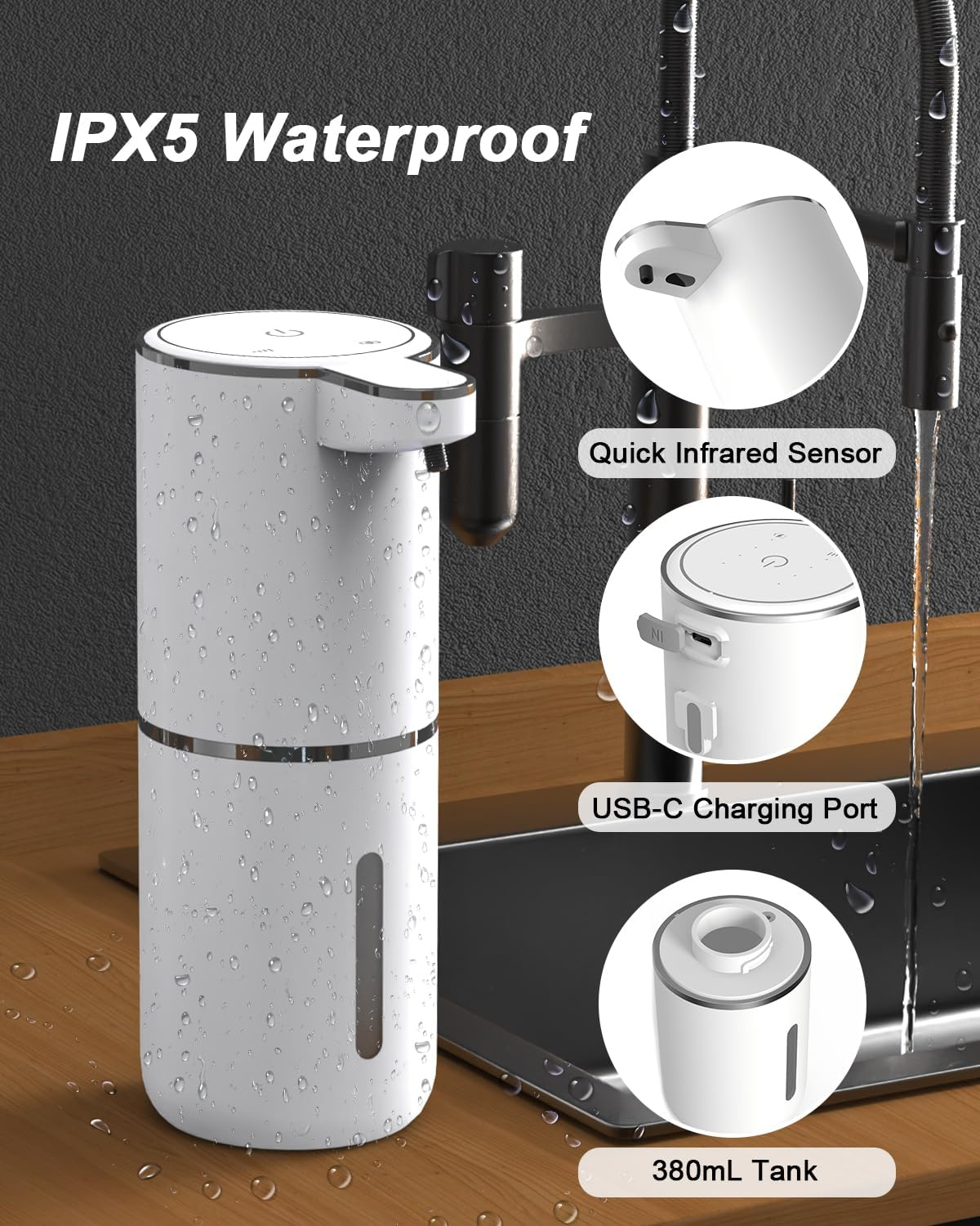 Weißer Seifenspender mit IPX5-Wasserdichtigkeit und USB-C-Anschluss.