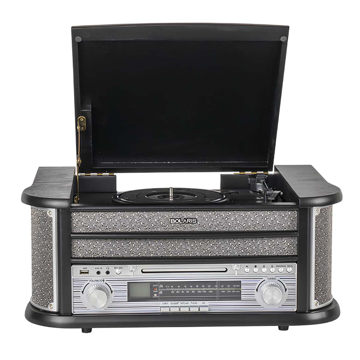 Ein schwarzer Plattenspieler mit CD-Player und Radio in Retrooptik.