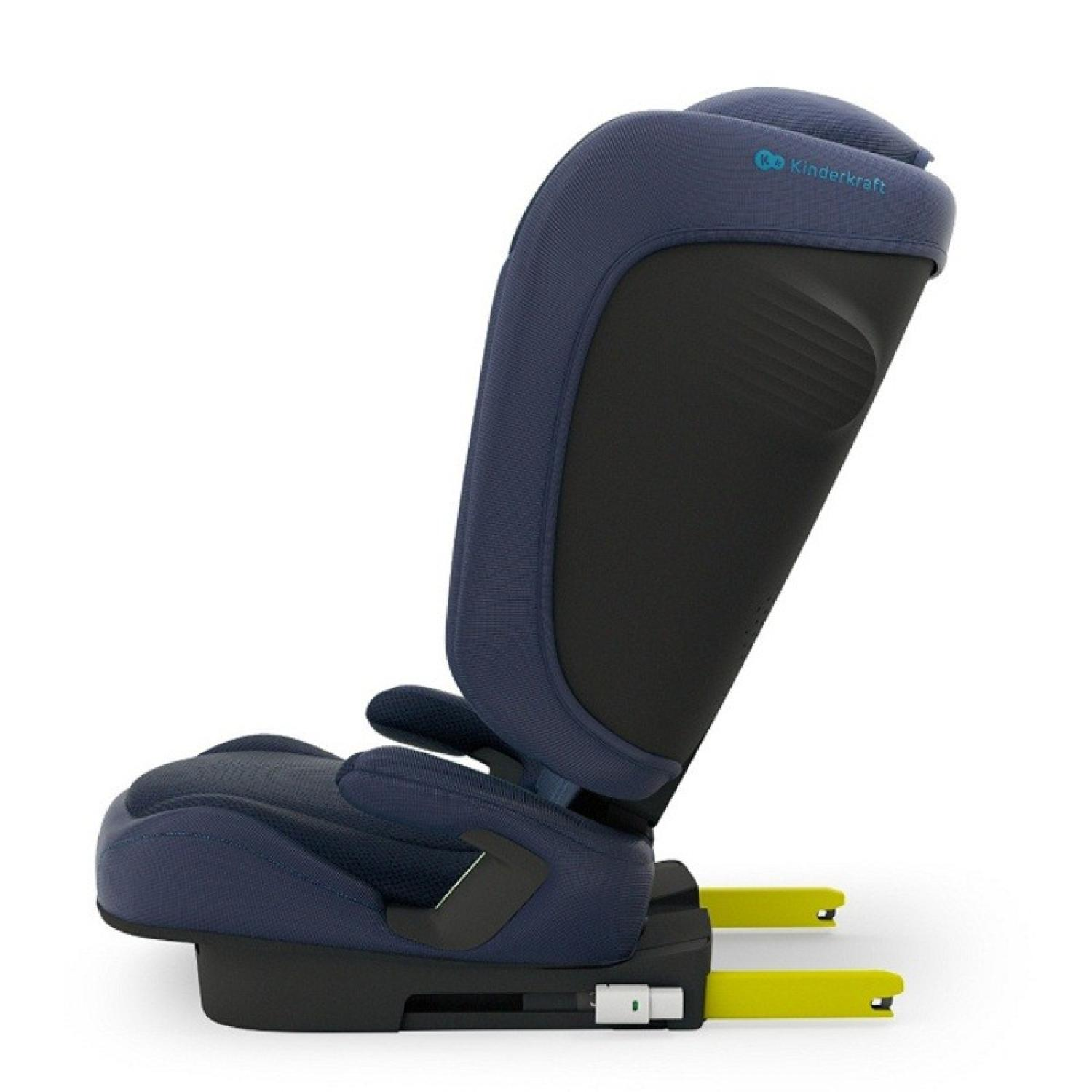 Ein dunkelblauer Kindersitz mit gelben ISOFIX-Haken auf weißem Hintergrund.