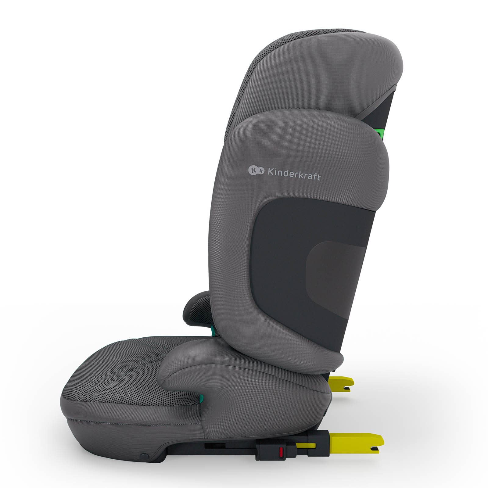 Grauer Kindersitz mit Isofix-Verankerungen, seitlicher Ansicht.